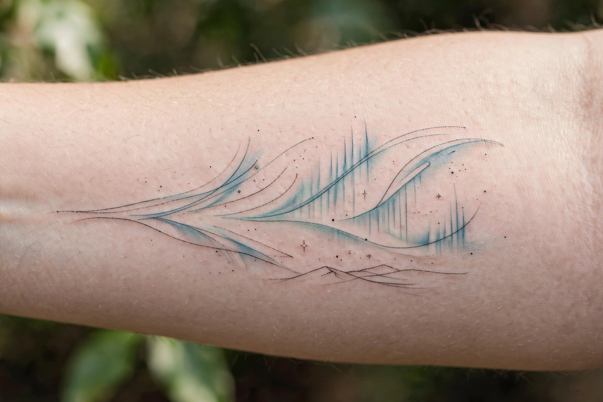 Watercolor aurora borealis tattoo in green and purple washes across a back