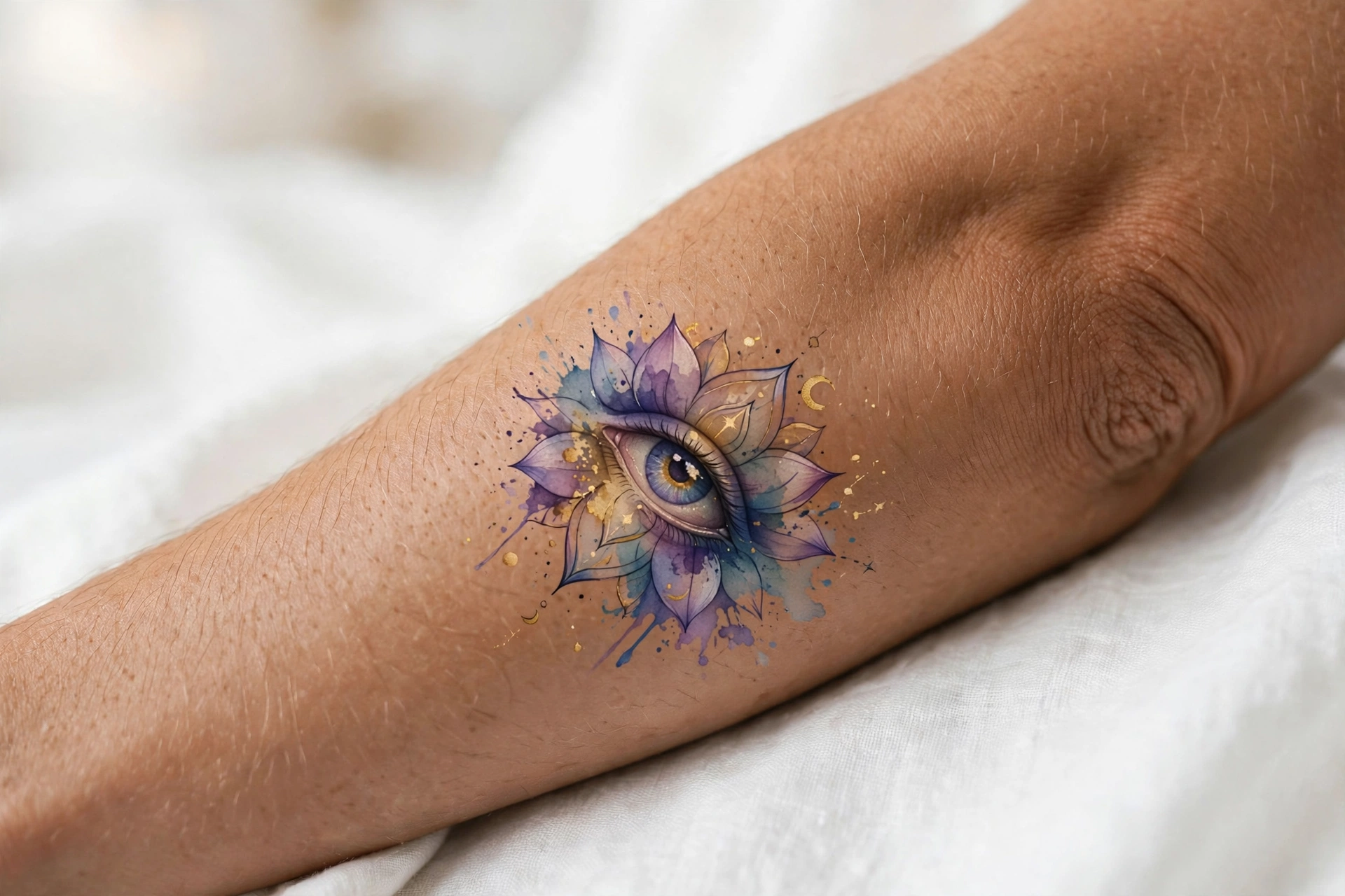 Mystical third eye tattoo with radiating lines on a woman's forearm