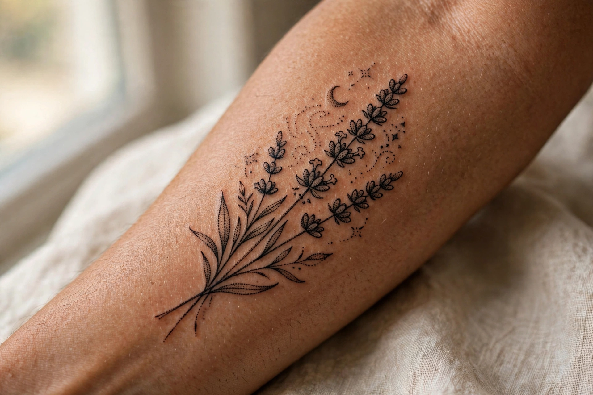 Lavender sprig tattoo curling around a crescent moon on a woman's ankle