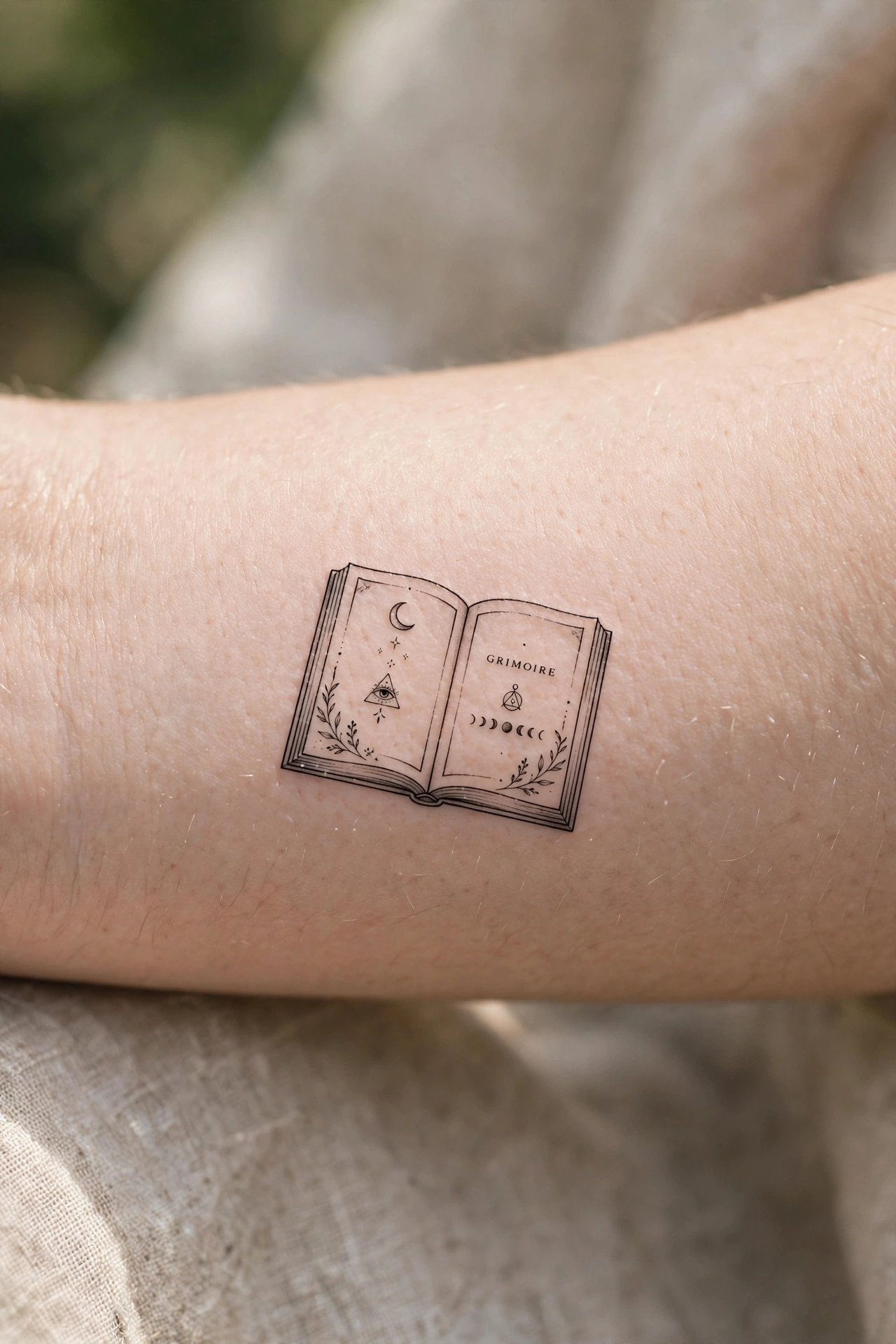 Open spellbook grimoire tattoo with floating runes on a woman's arm