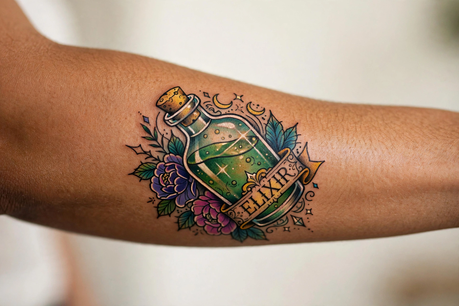Vintage glass potion bottle tattoo filled with stars on a woman's calf