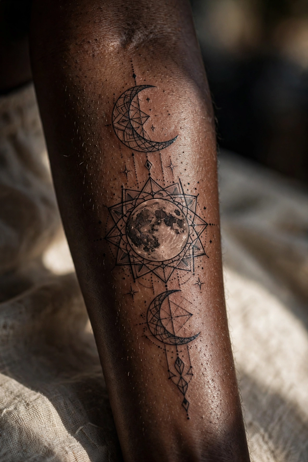 Triple moon goddess tattoo with waxing full and waning moons on back