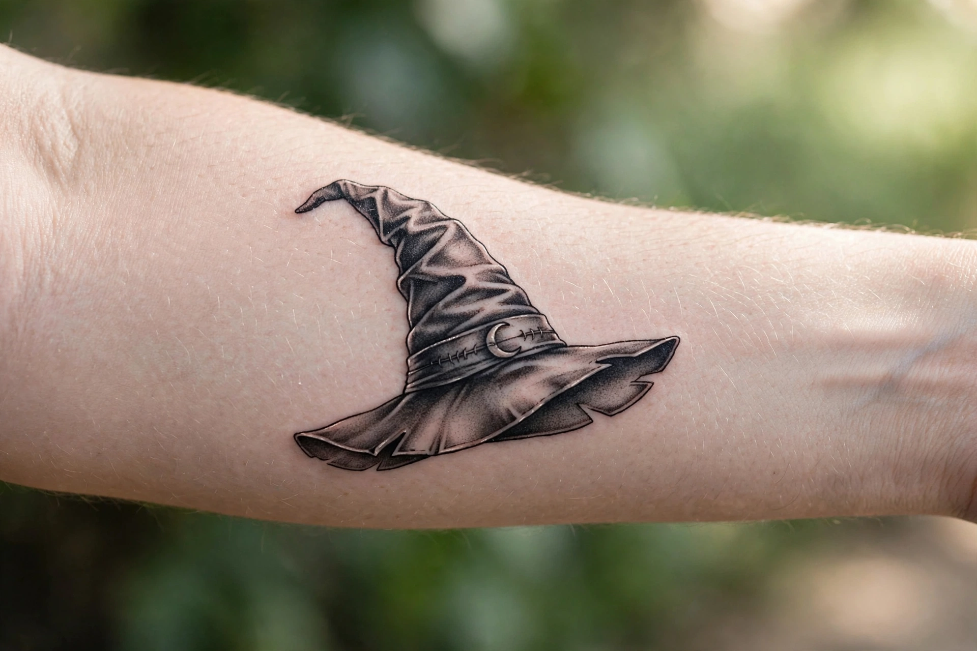 Classic pointed witch hat tattoo with spiderweb brim on shoulder