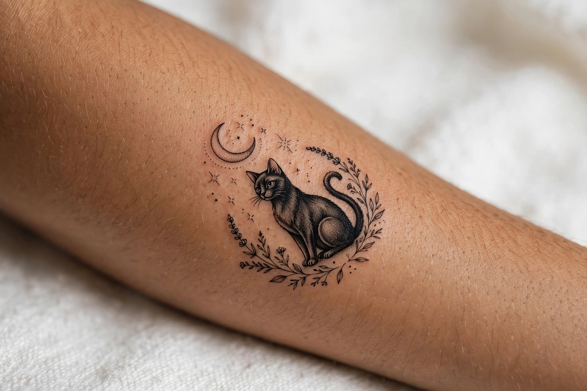 Black cat familiar tattoo sitting beneath a full moon on forearm