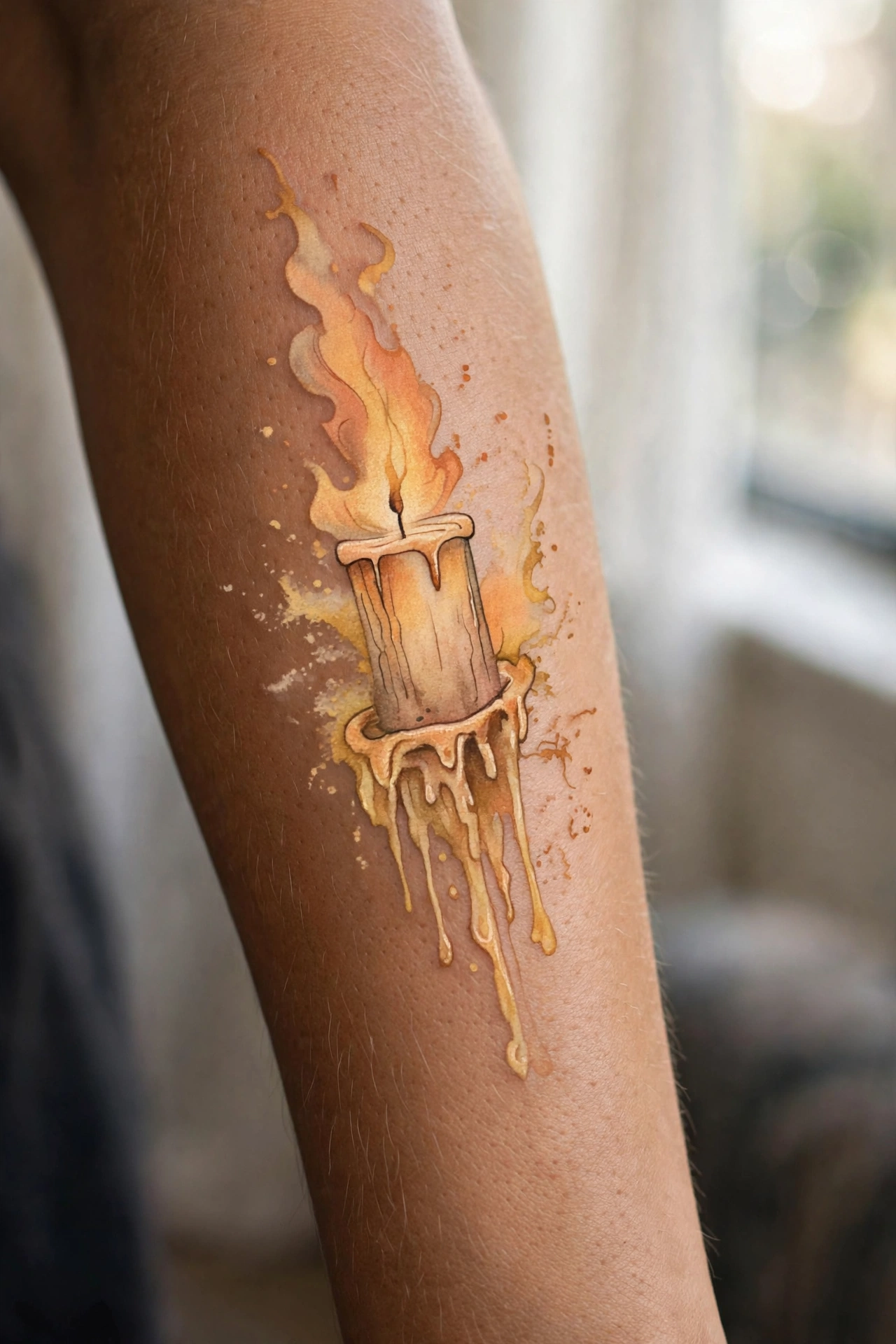 Dripping ritual candle tattoo ringed with dried herbs on wrist