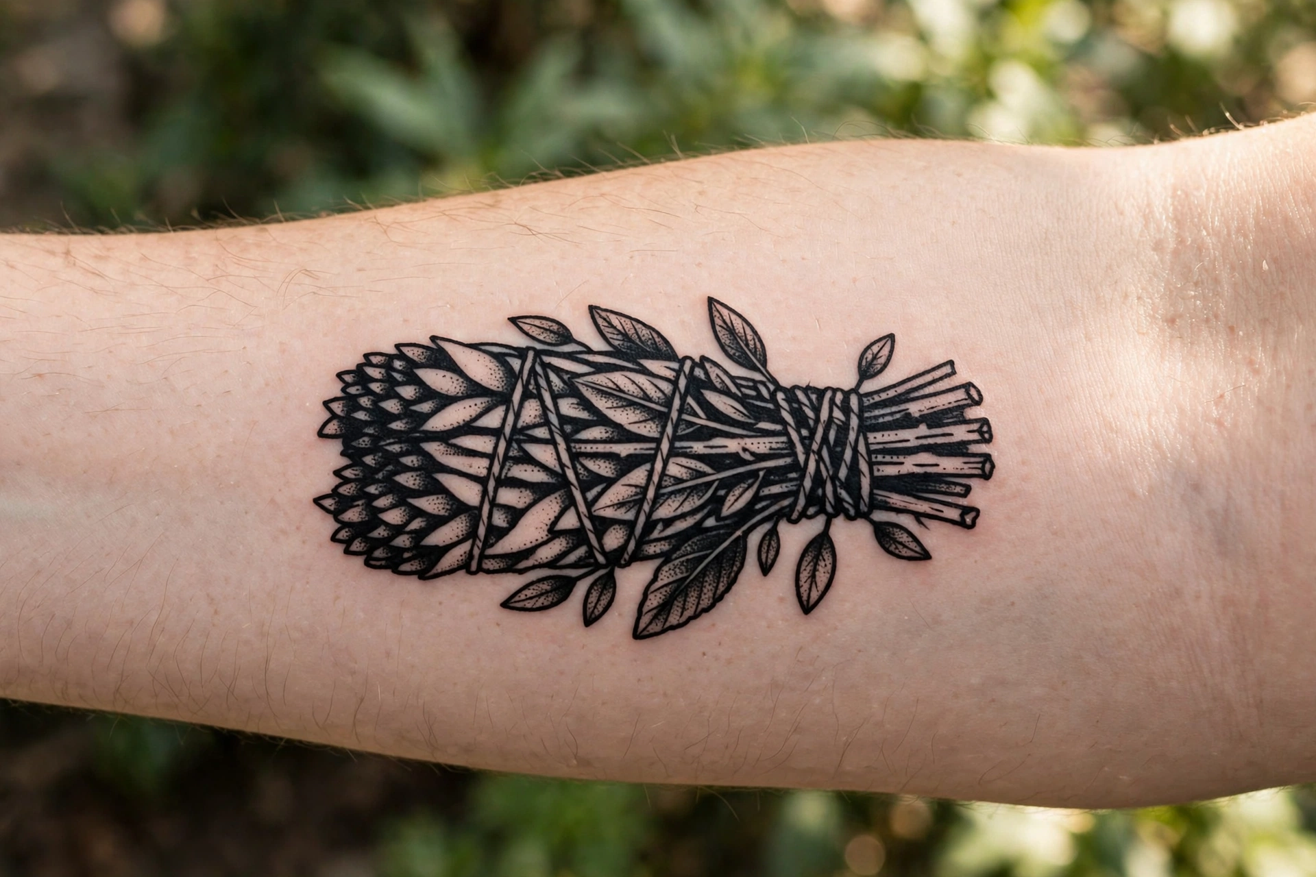 Sage smudge bundle tattoo with curling smoke on a woman's forearm
