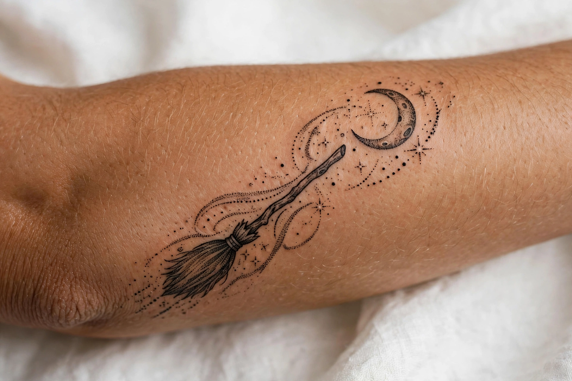 Witch silhouette flying on a broomstick across a starry sky tattoo