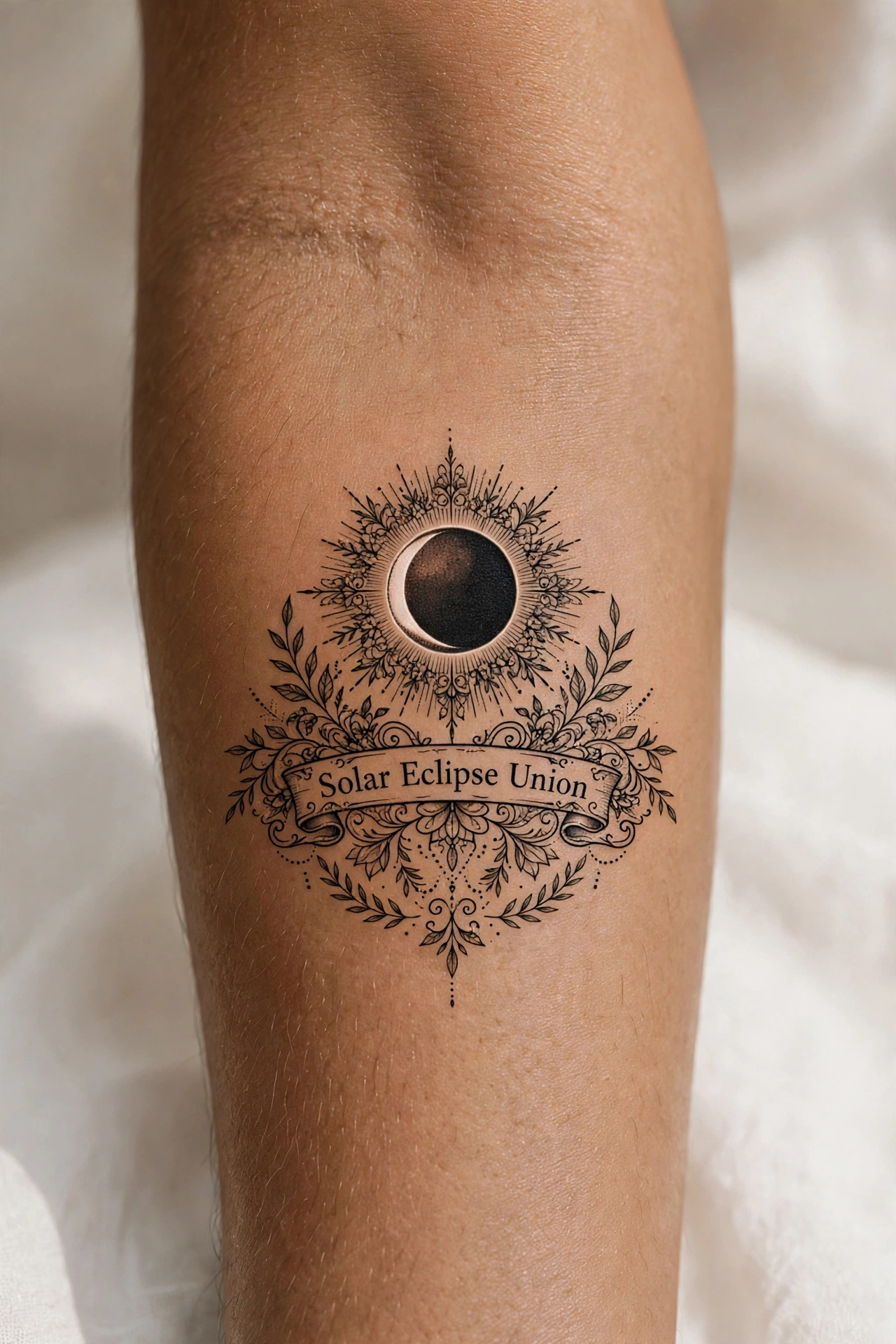 Sun and moon locked in eclipse tattoo on a woman's back