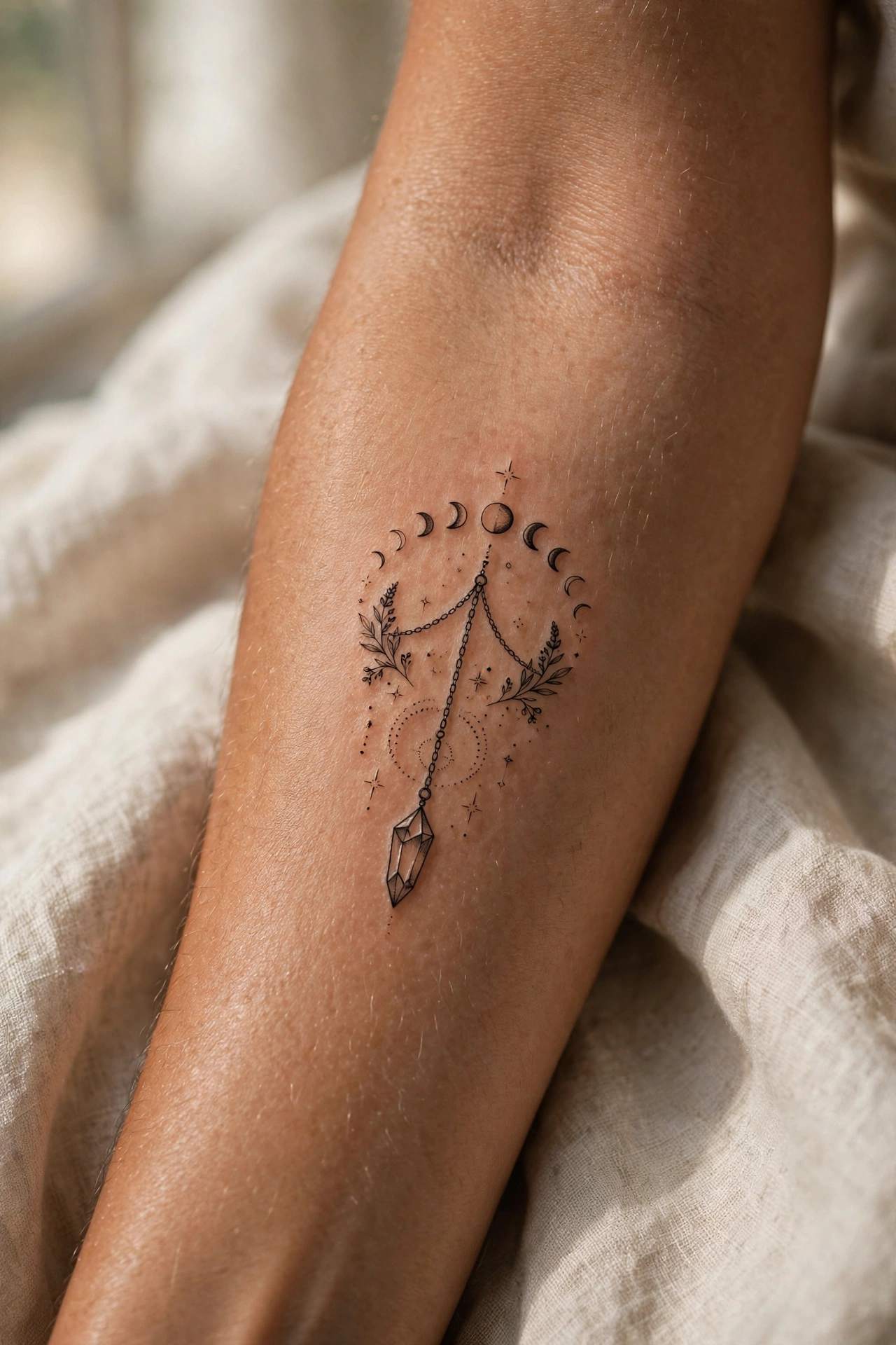 Crystal pendulum tattoo swinging over a circle of runes on forearm