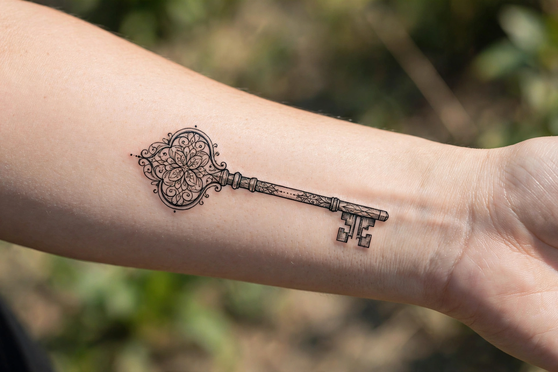 Ornate skeleton key tattoo with a tiny moon charm on wrist