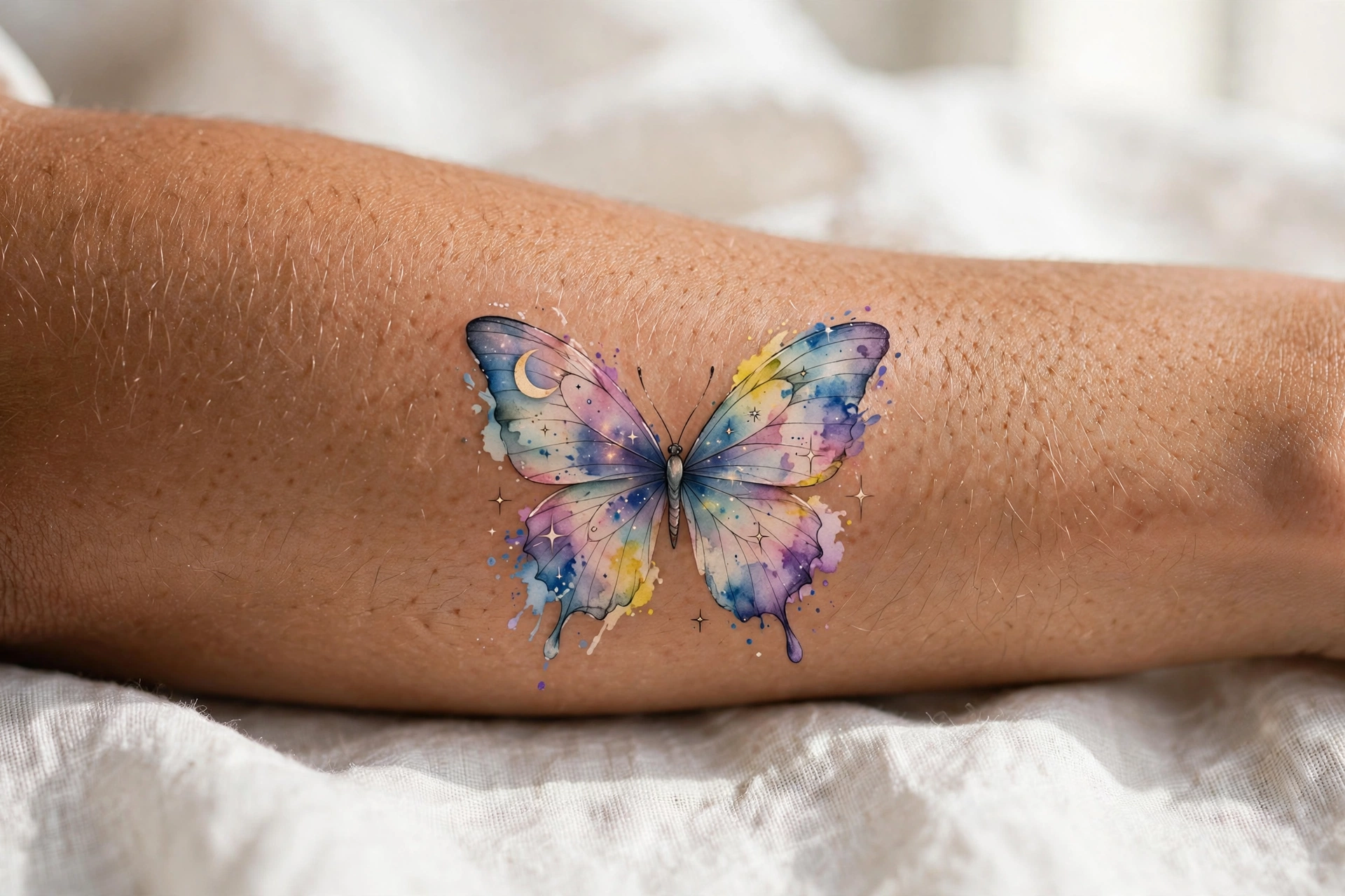 Butterfly tattoo with galaxy patterned wings on a woman's shoulder