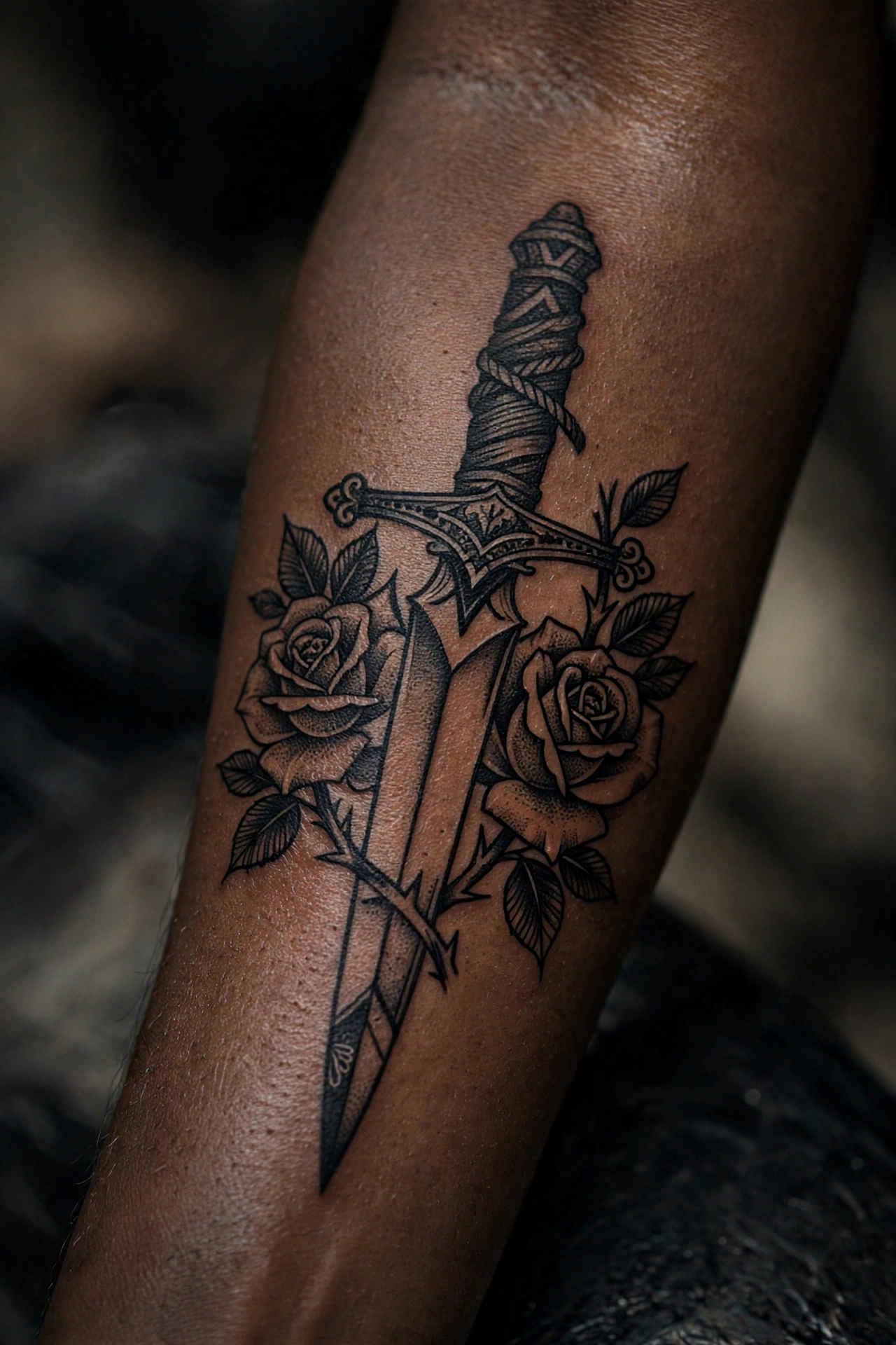 Ritual athame dagger tattoo sliding through blooming roses on thigh