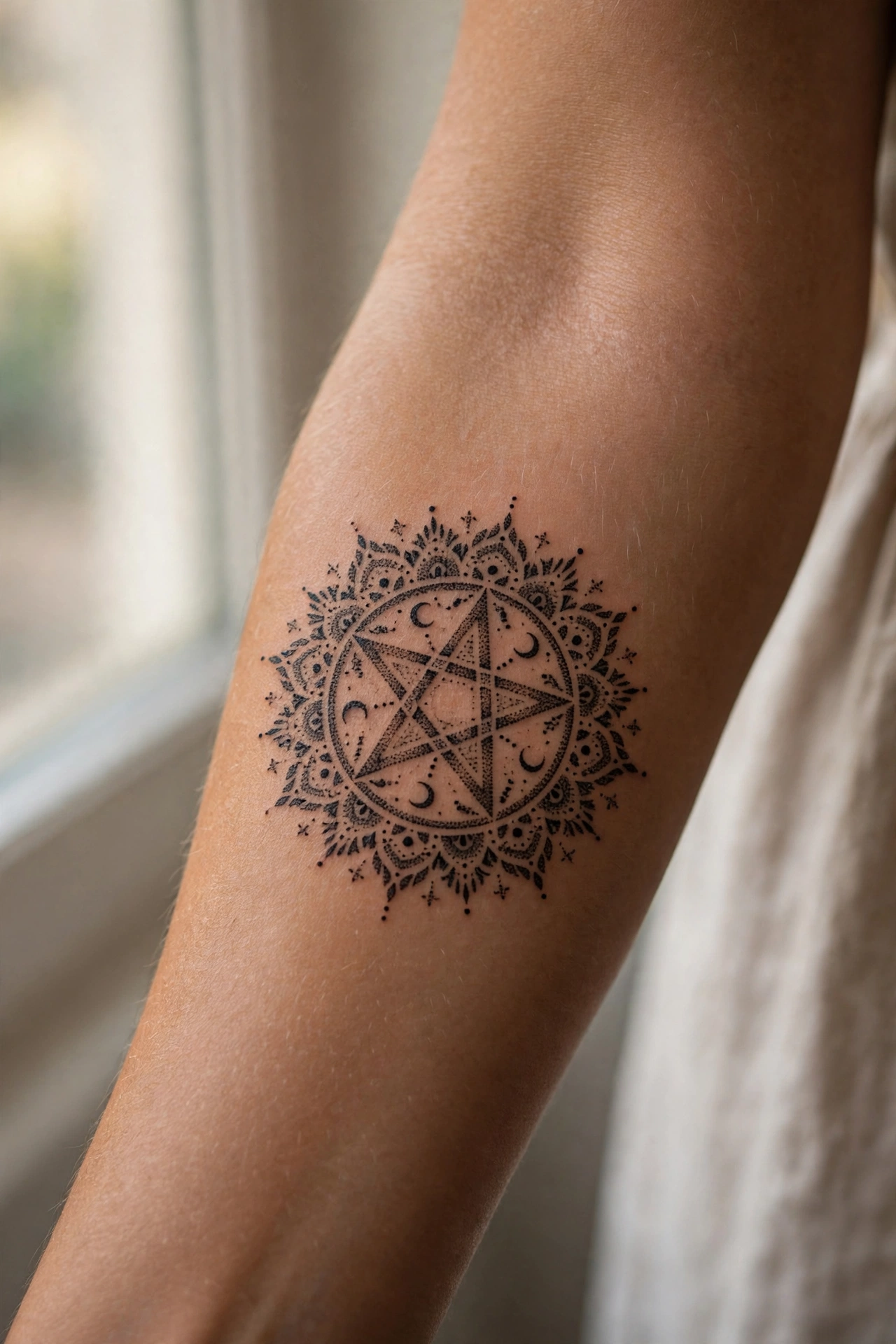 Pentacle medallion tattoo with earth air fire water symbols on chest
