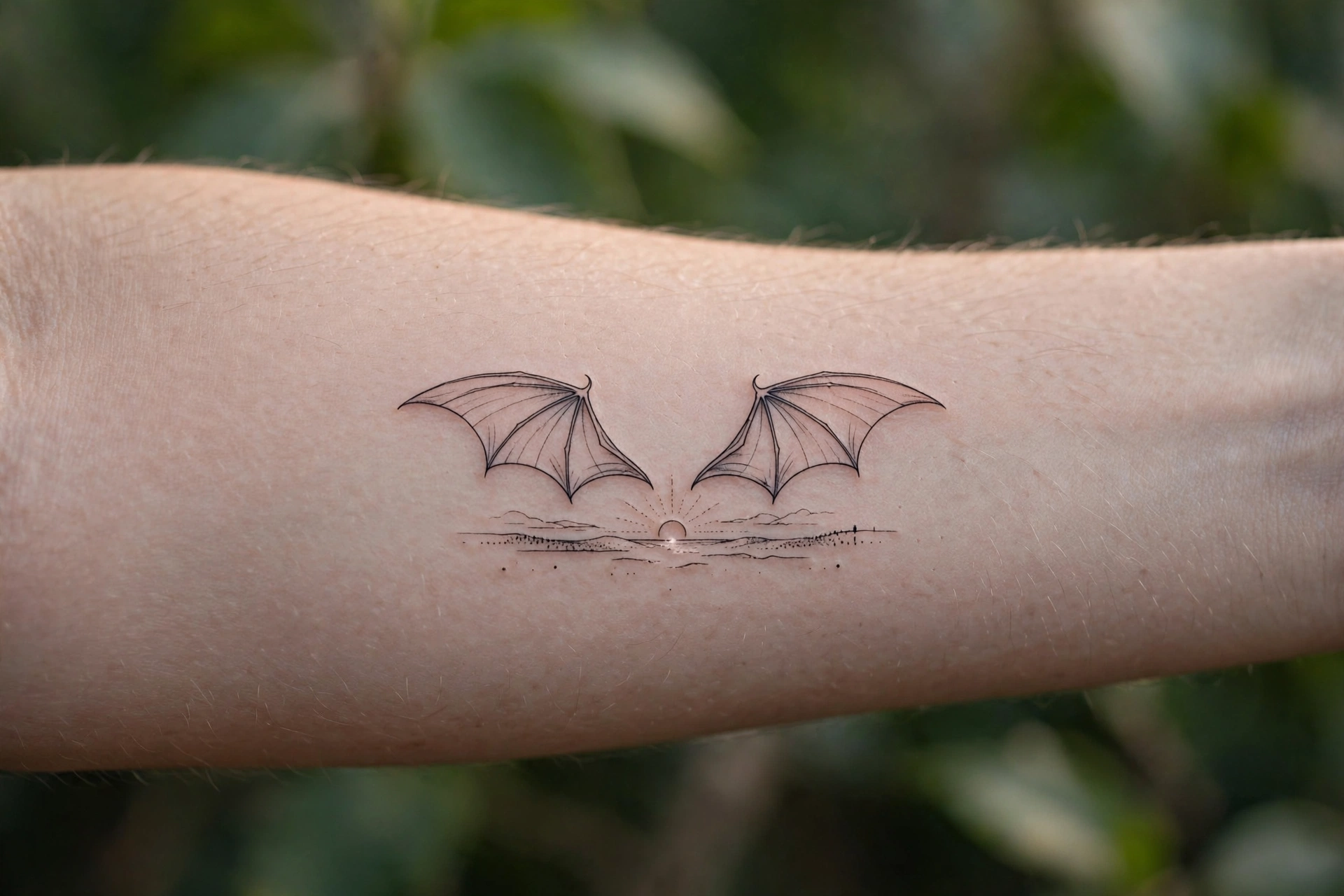 Dark bat wings tattoo unfurling across a woman's upper back