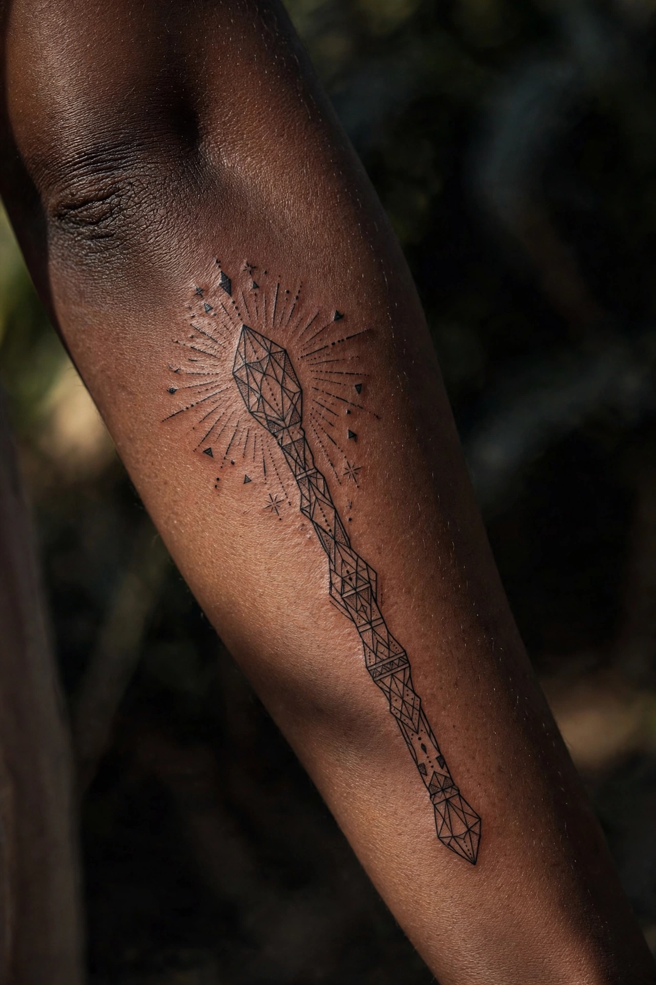 Twisted wooden magic wand tattoo tipped with crystal on forearm