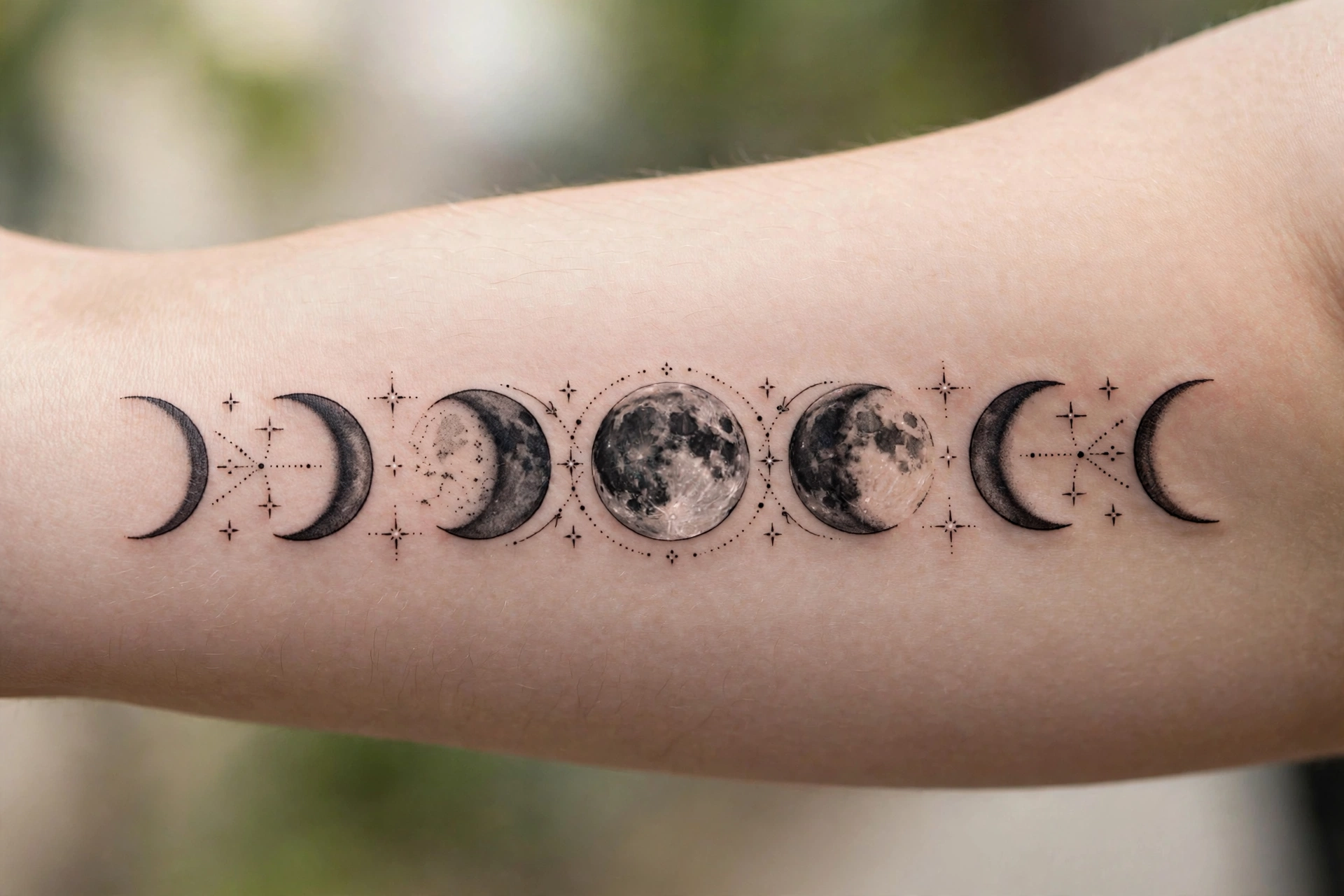 Complete lunar cycle tattoo band circling a woman's bicep