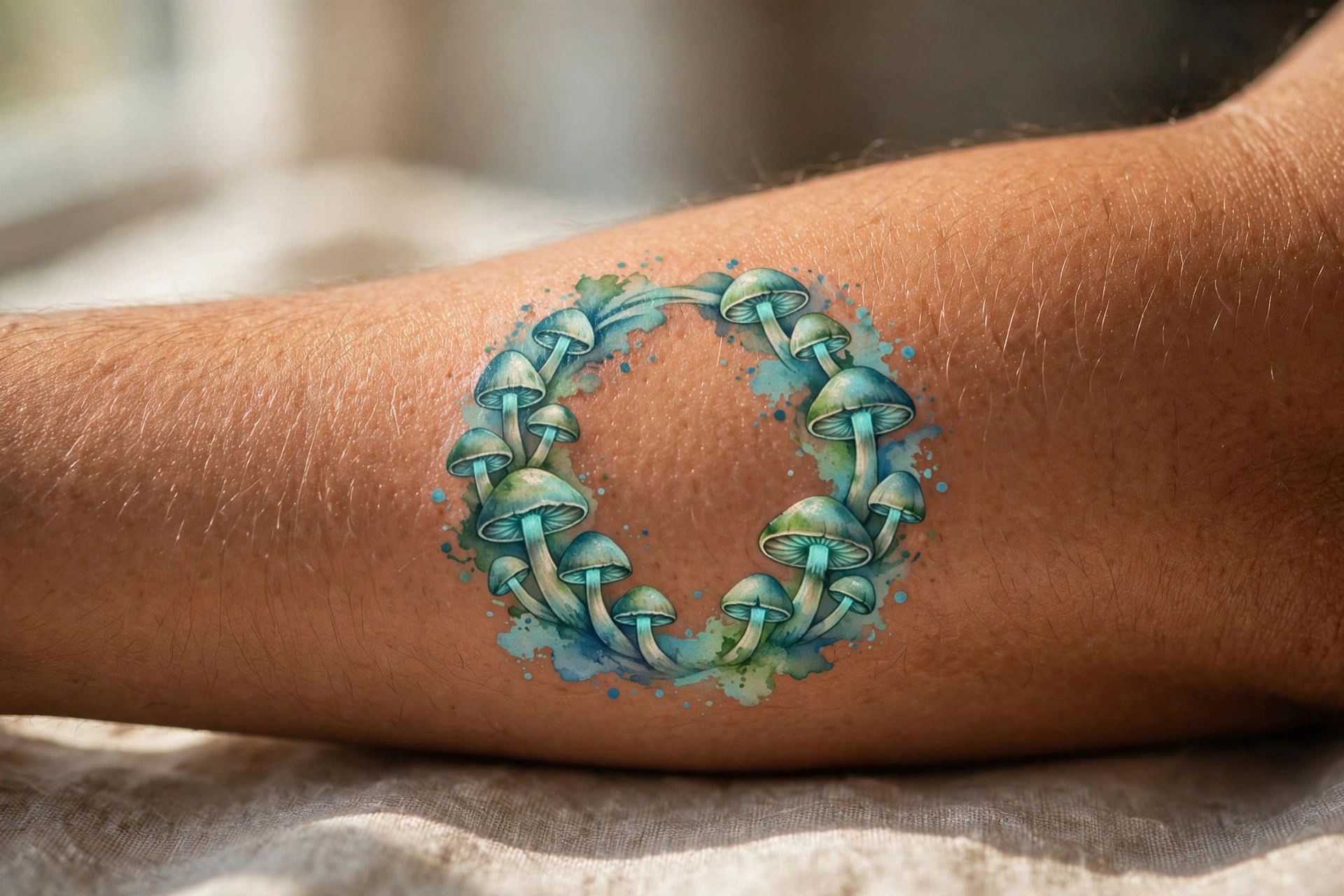 Fairy ring of glowing mushrooms tattoo on a woman's ankle