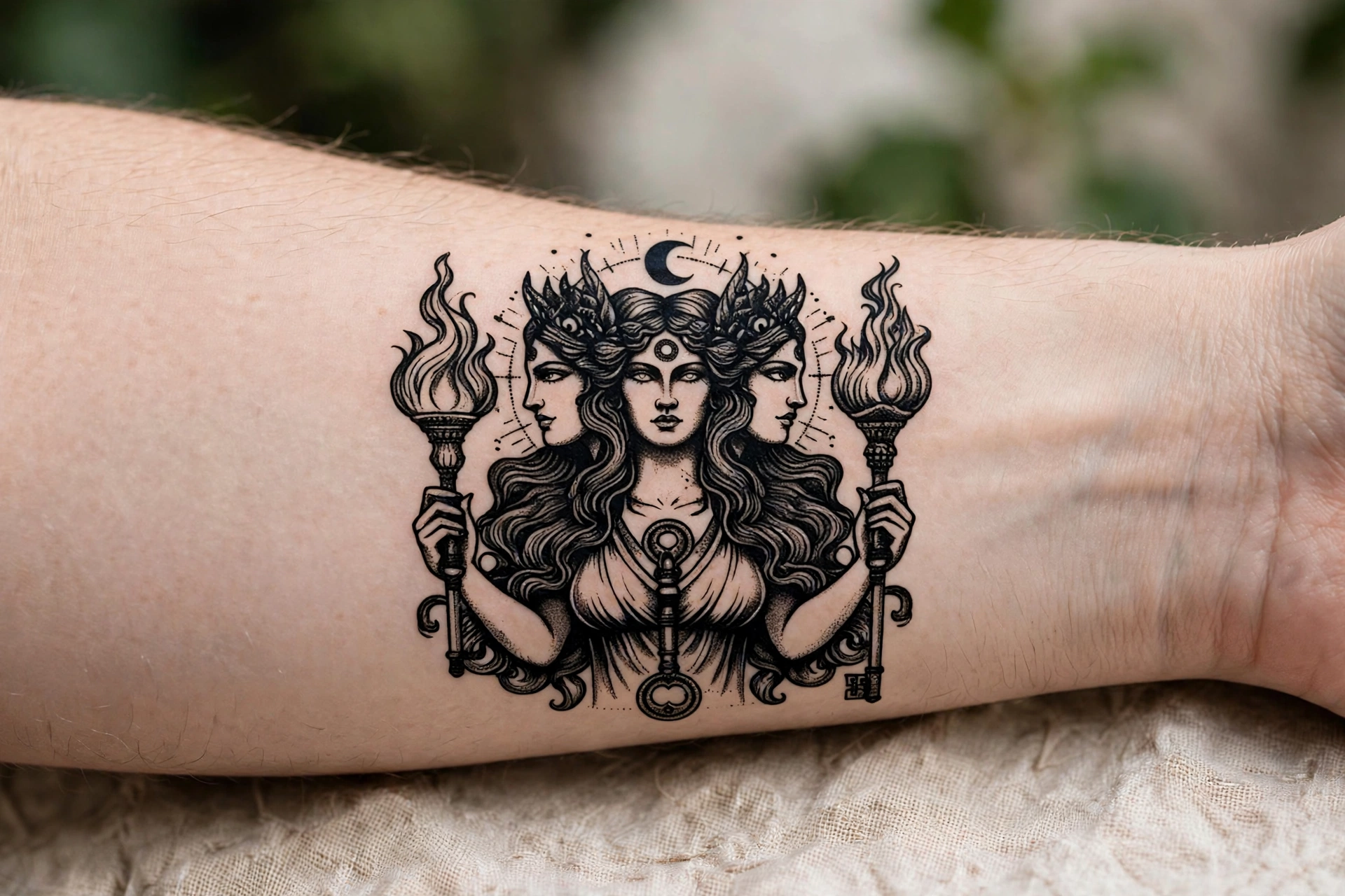 Triple goddess flame tattoo honoring Hecate on a woman's sternum