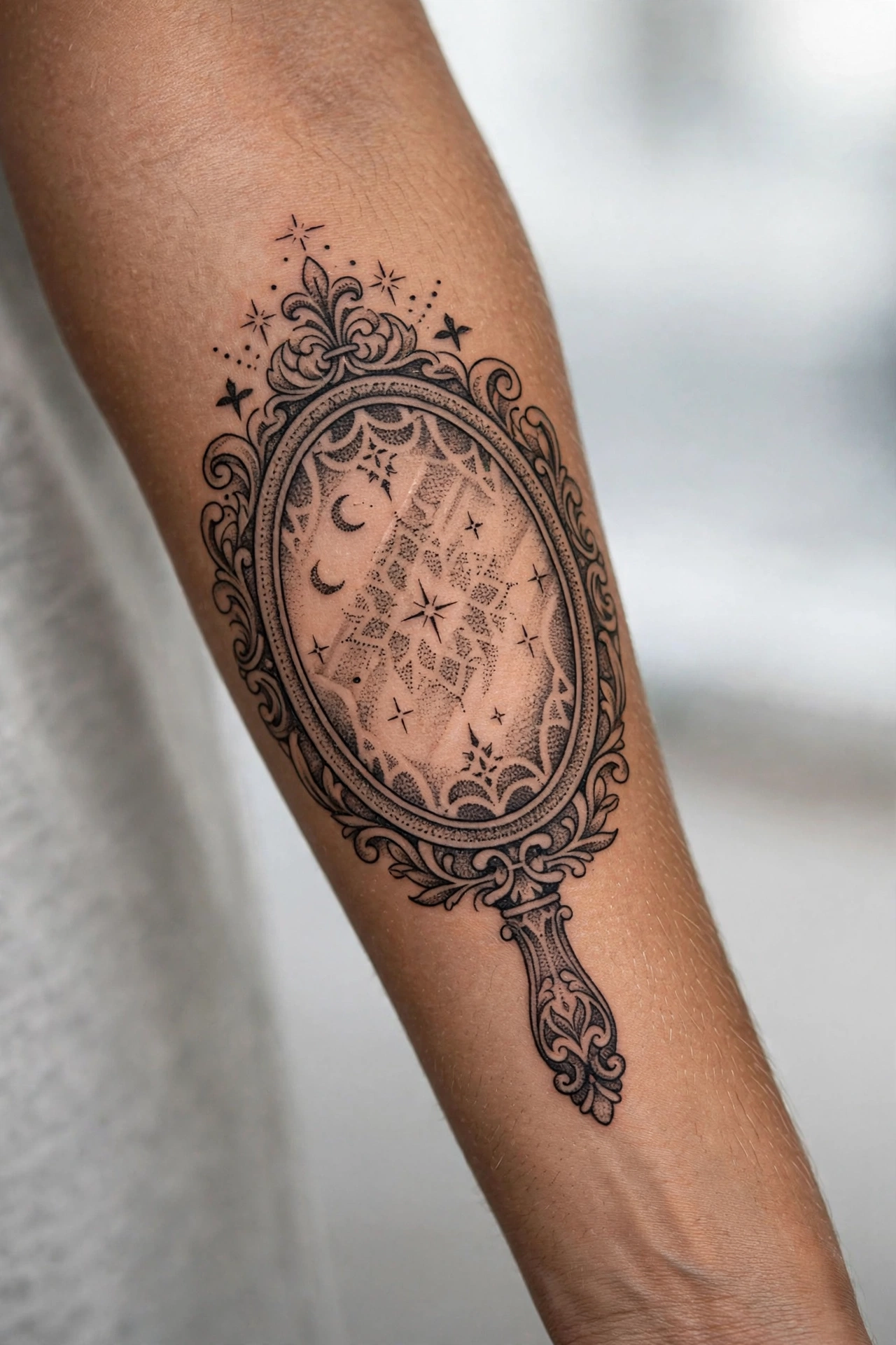 Ornate vintage mirror tattoo reflecting a crescent moon on arm