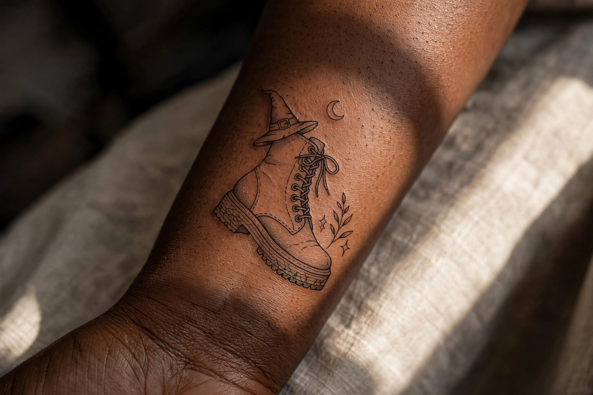 Tall laced witch boots tattoo with buckles and stars on calf