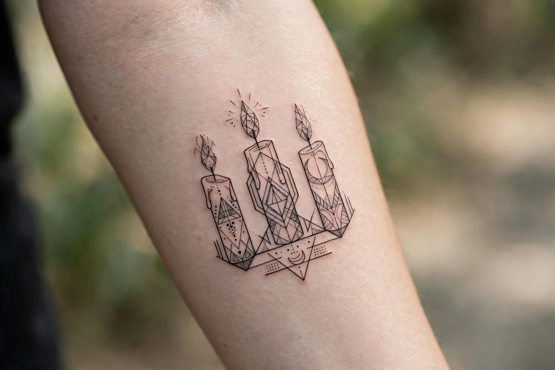 Three dripping spell candles tattoo with moon phases above on back