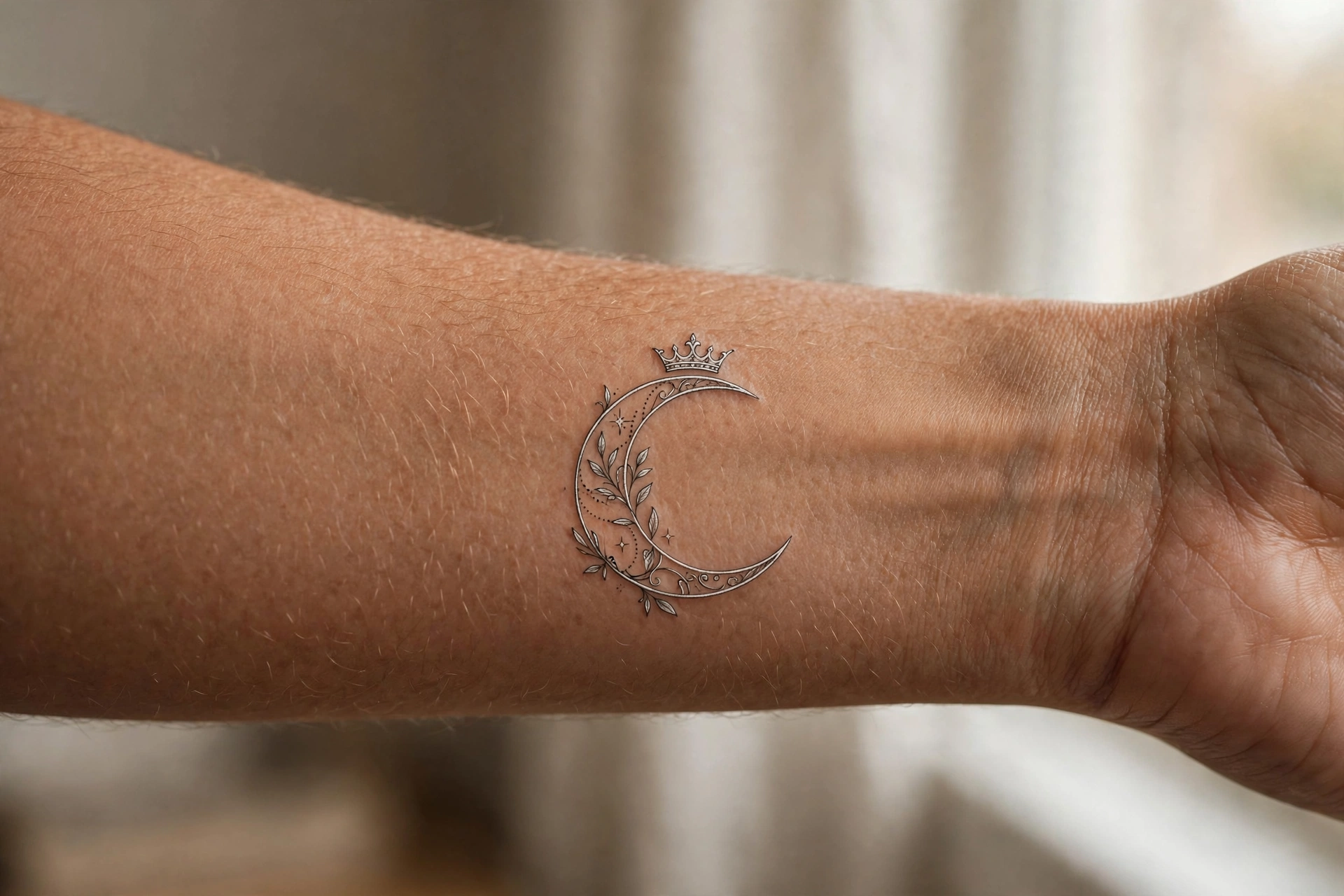 Delicate crescent moon tiara tattoo with stars on a woman's sternum