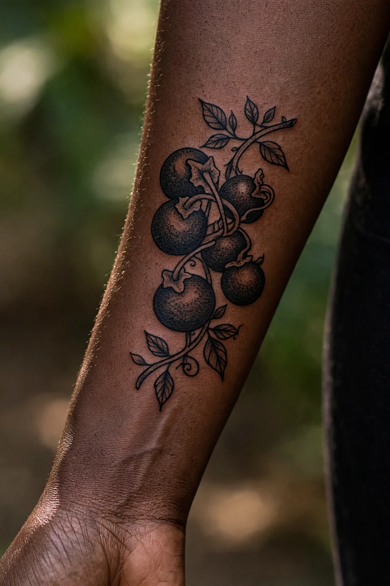 Belladonna nightshade branch tattoo with dark berries on shoulder