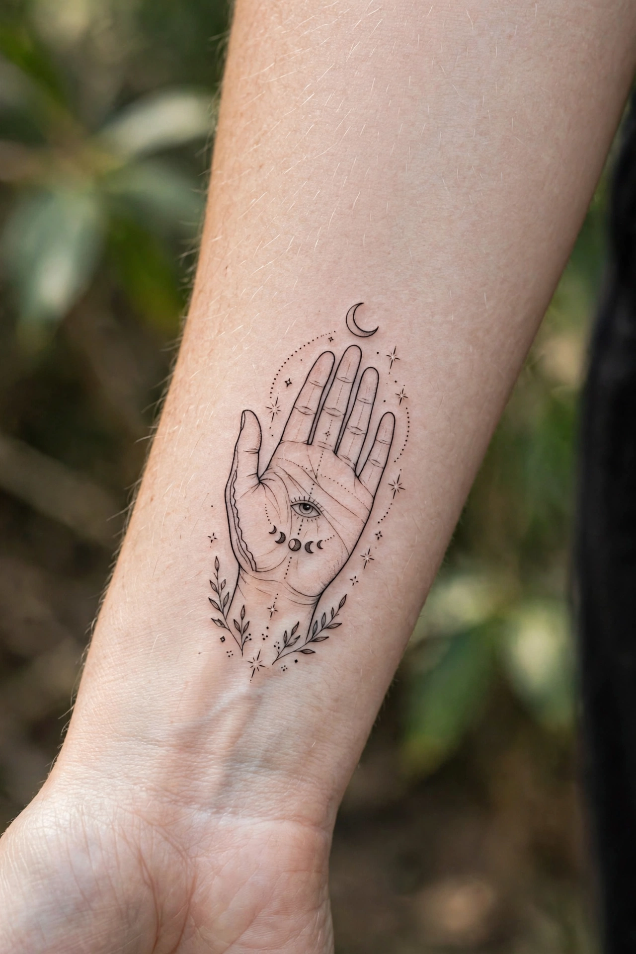 Mystical hand tattoo with moon and eye symbols along palm lines
