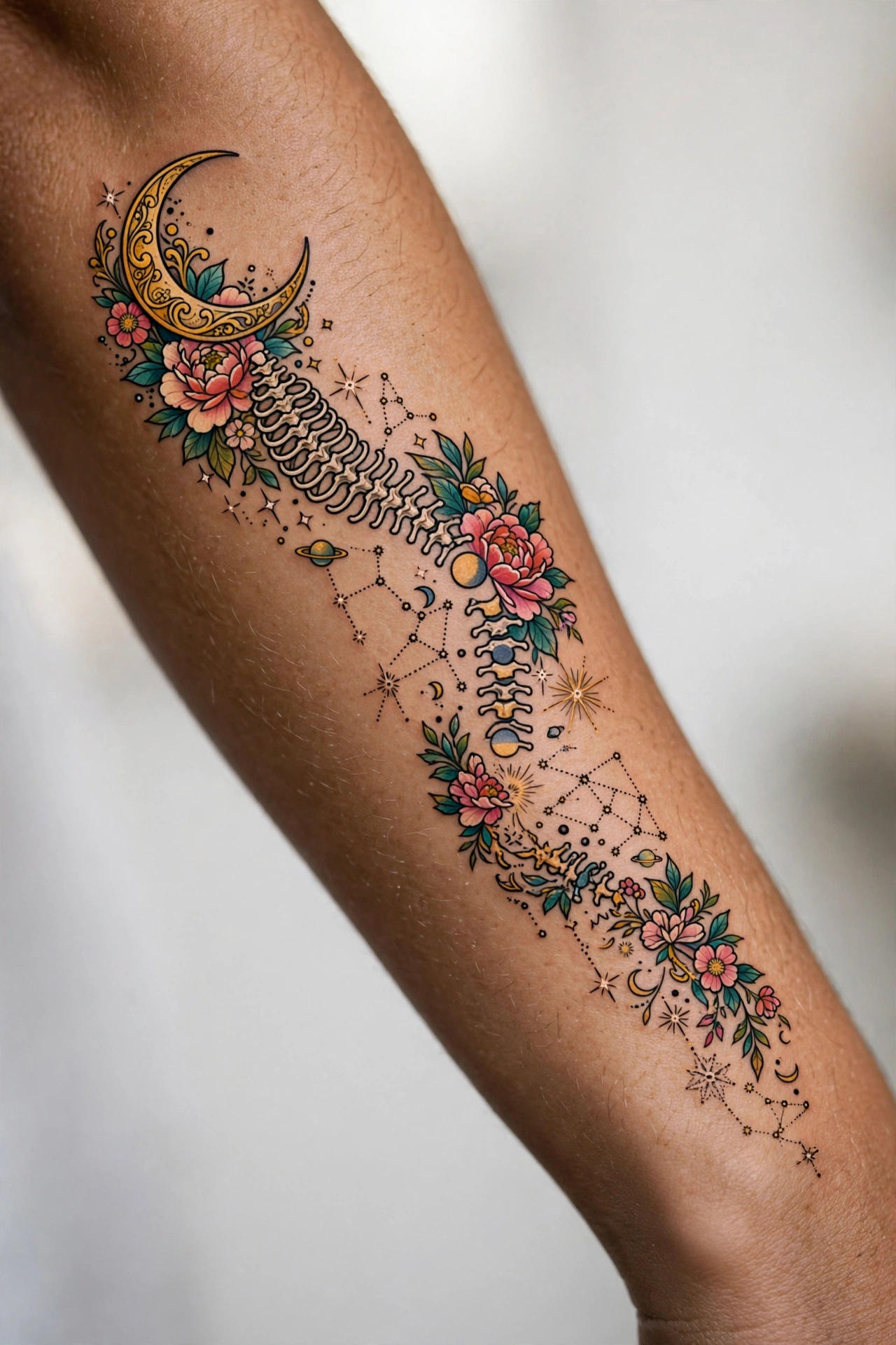 Cascade of stars and moons tattoo trailing down a woman's ribs
