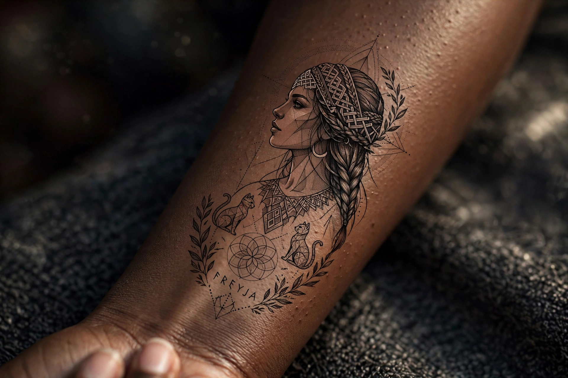 Norse goddess Freya tattoo flanked by two cats on a woman's thigh