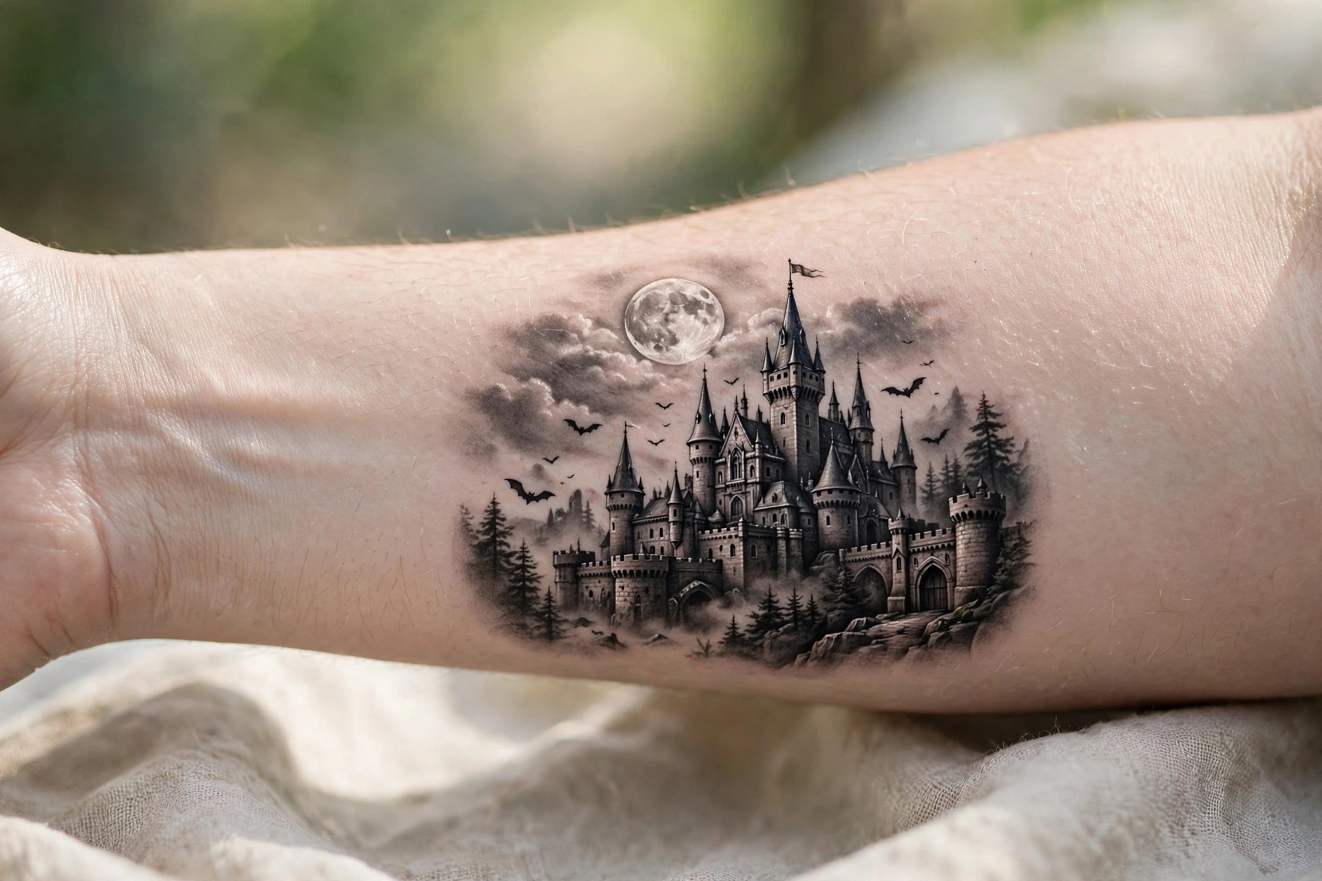 Gothic castle silhouette tattoo beneath a huge full moon on back