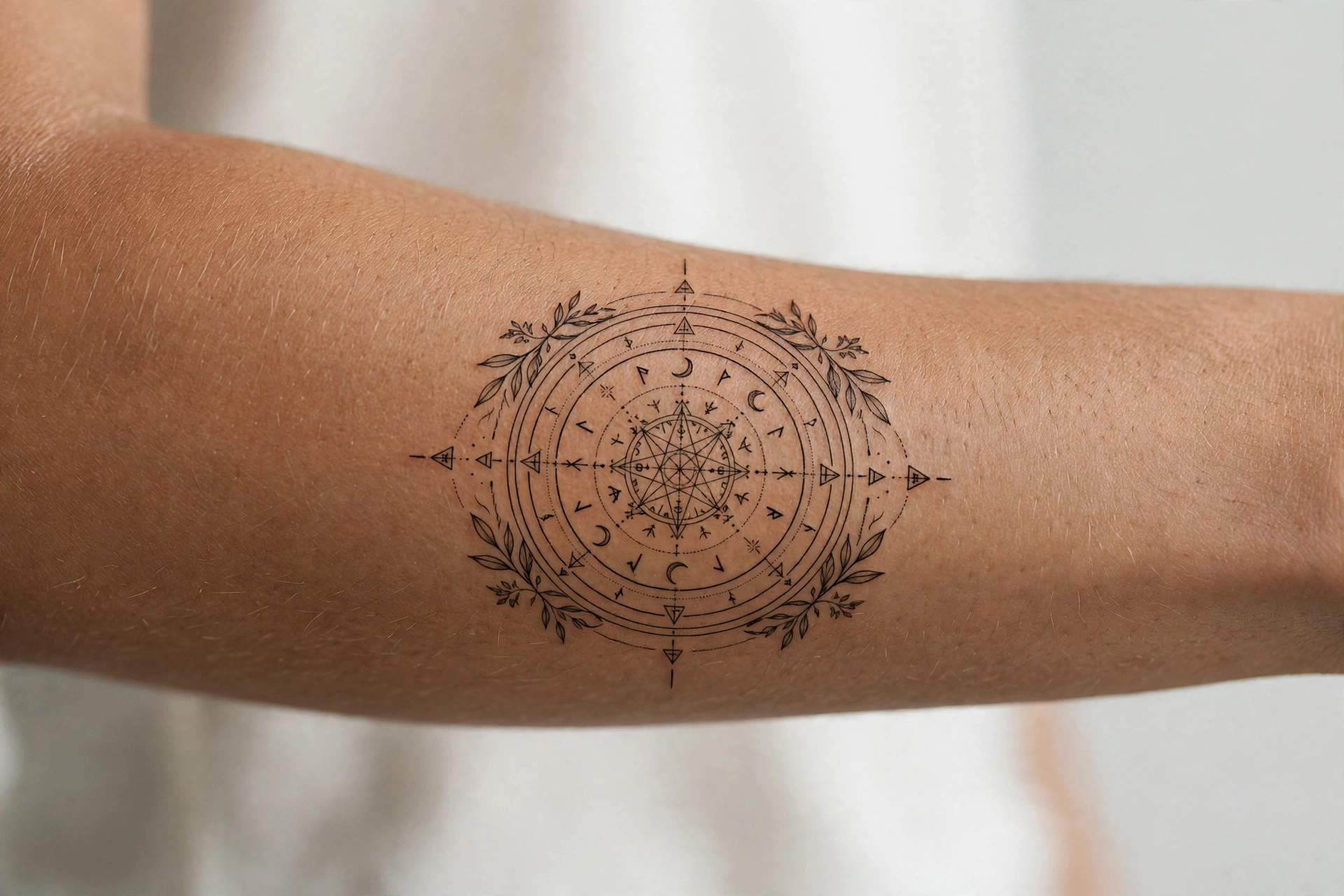 Magic summoning circle tattoo ringed with runes on a woman's thigh