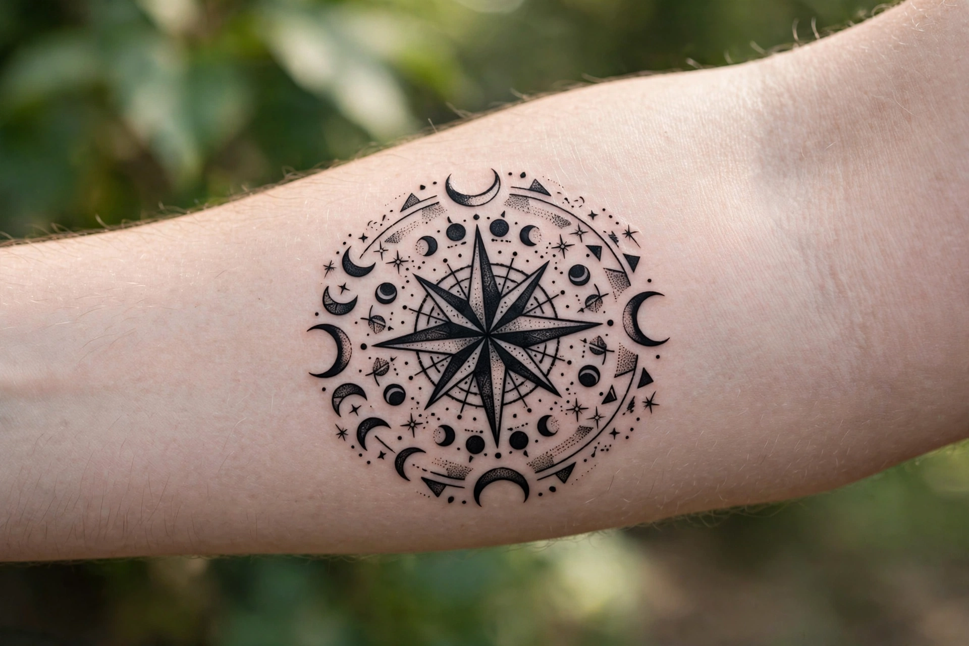 Compass rose tattoo with crescent moon at its center on forearm