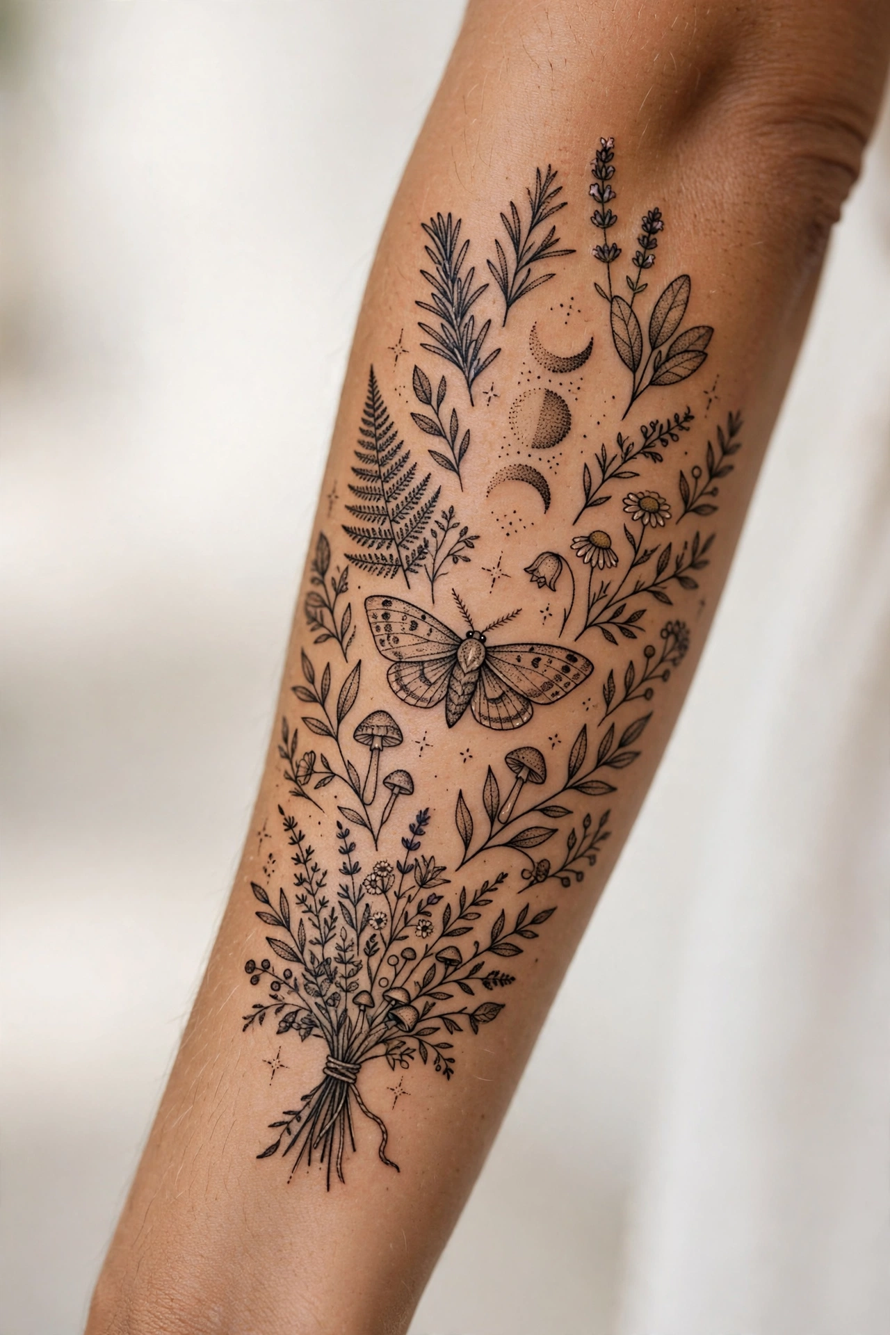 Botanical half sleeve tattoo with moonflowers and hidden runes for women