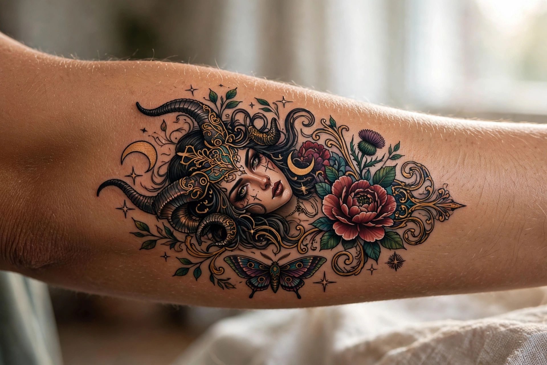 Goddess Lilith tattoo with dark wings unfurled on a woman's thigh
