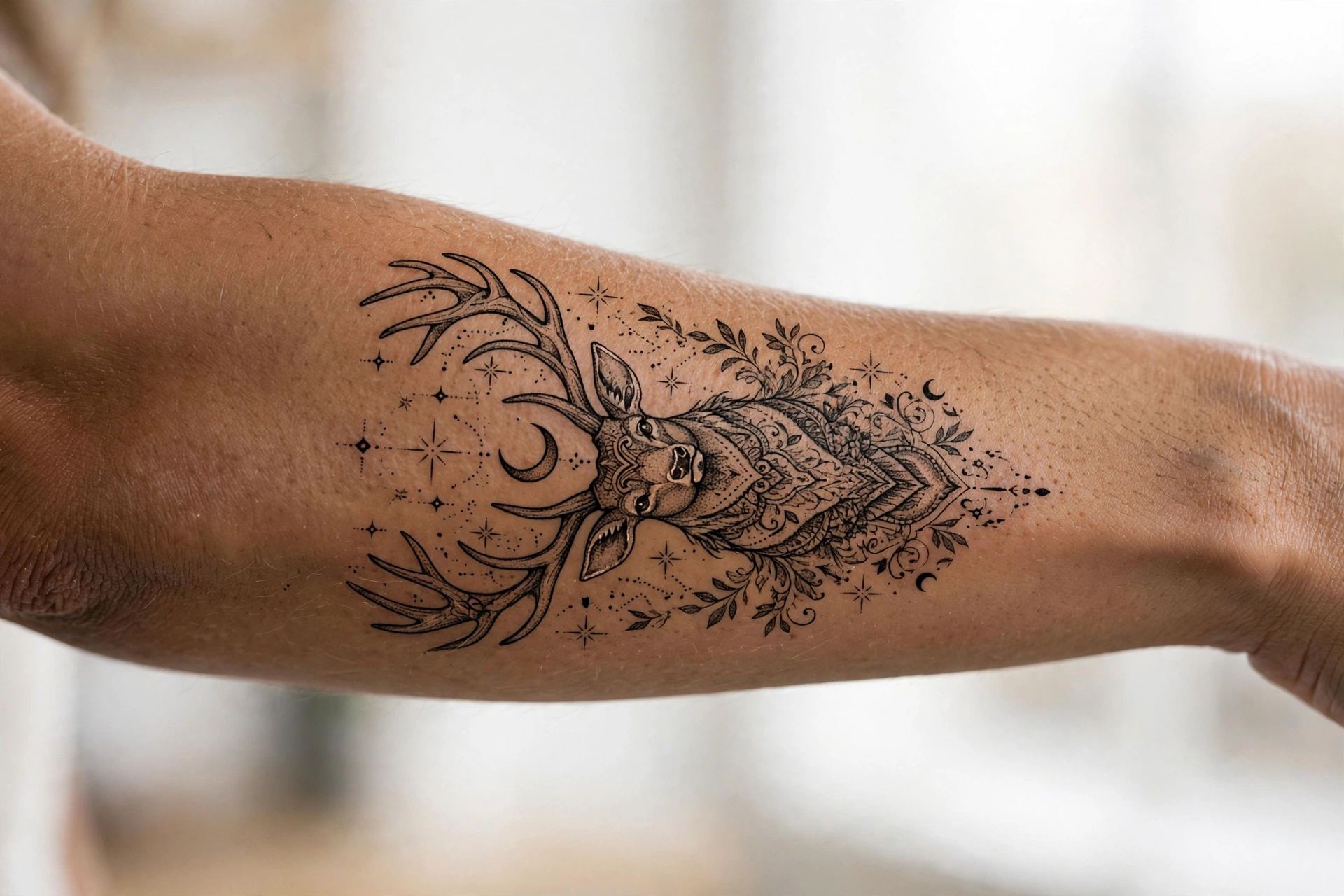 Majestic stag tattoo with crescent moon cradled in antlers on shoulder