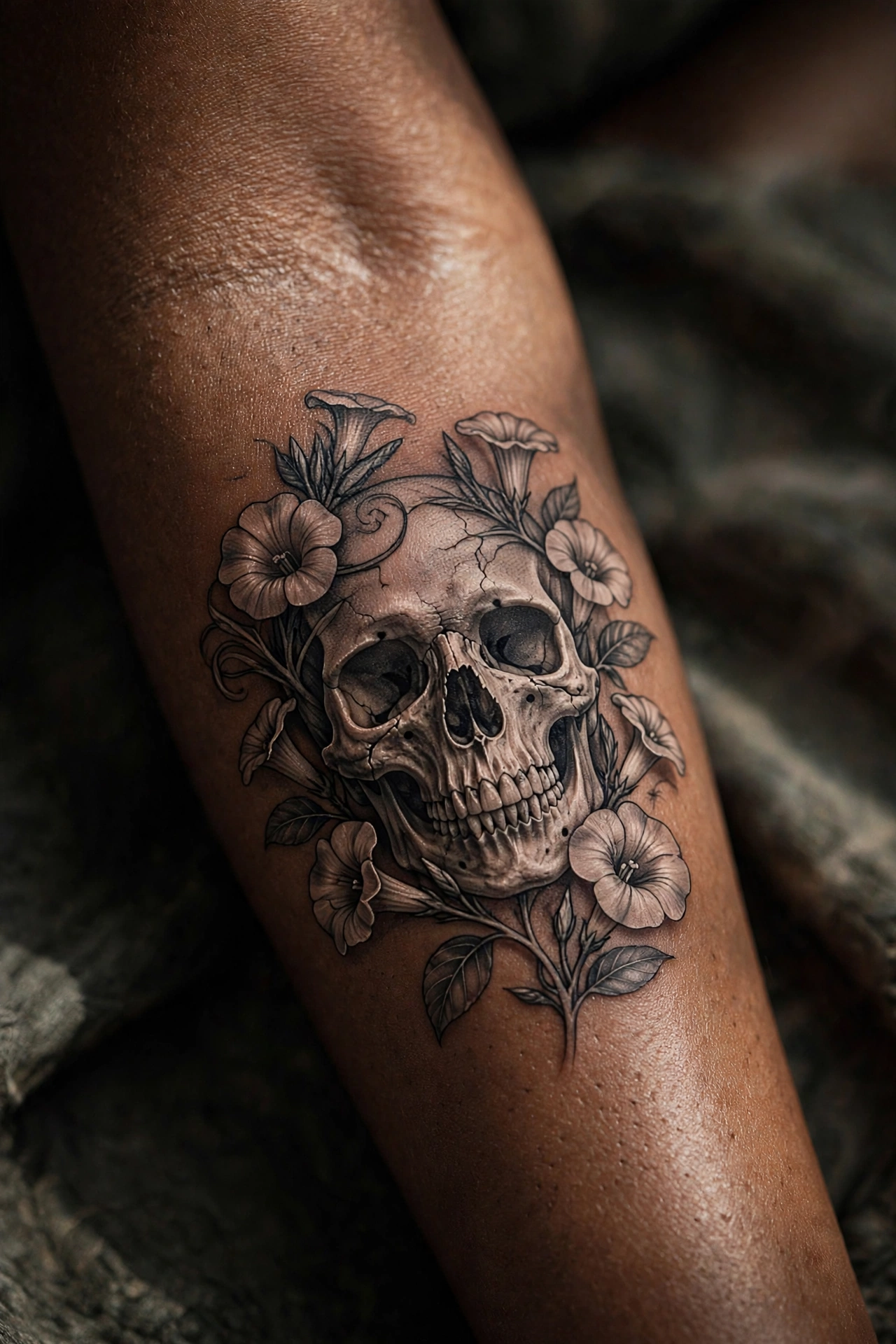 Decorative skull tattoo crowned with blooming moonflowers on forearm