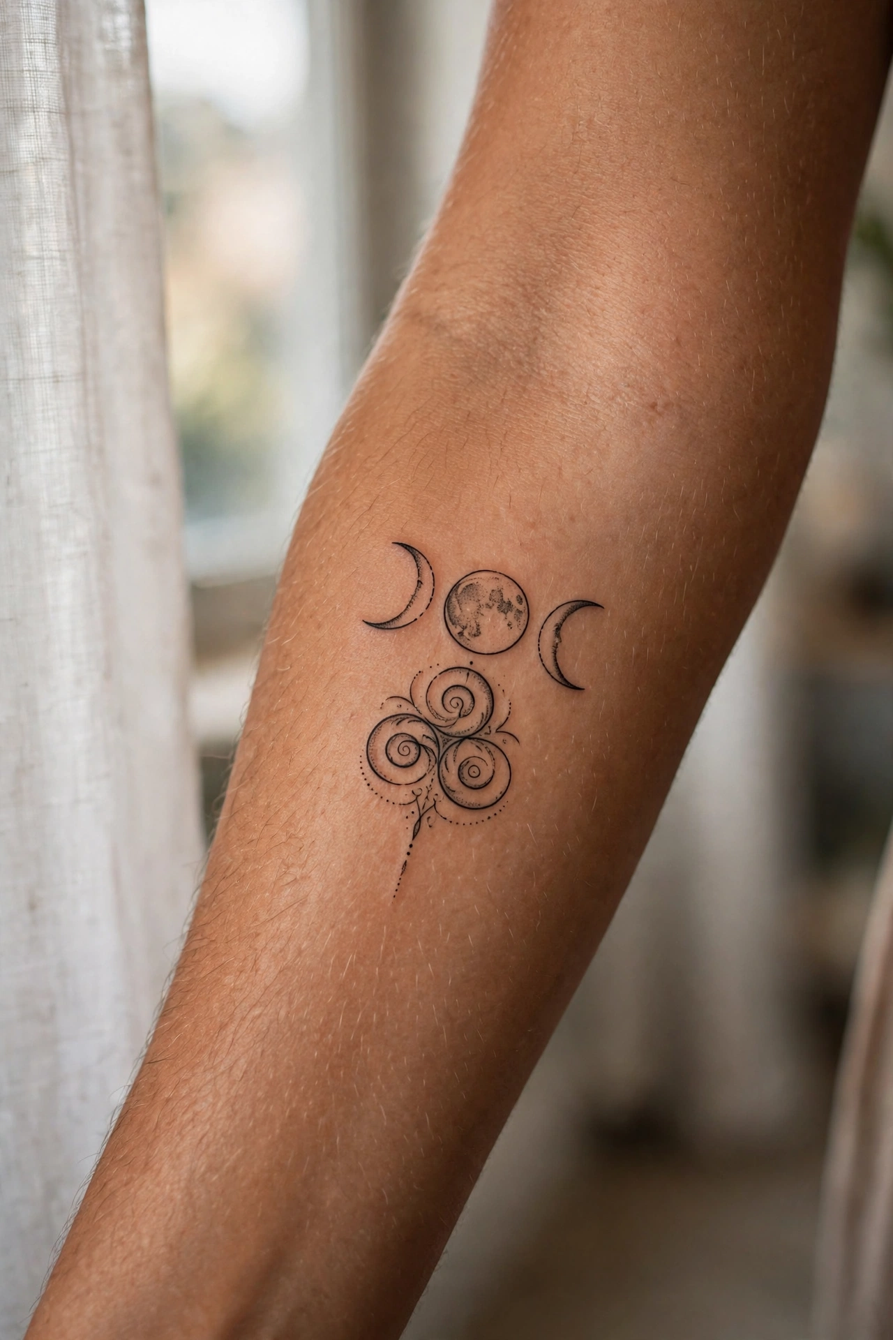 Triple spiral triskelion tattoo with moon phases on a woman's ankle