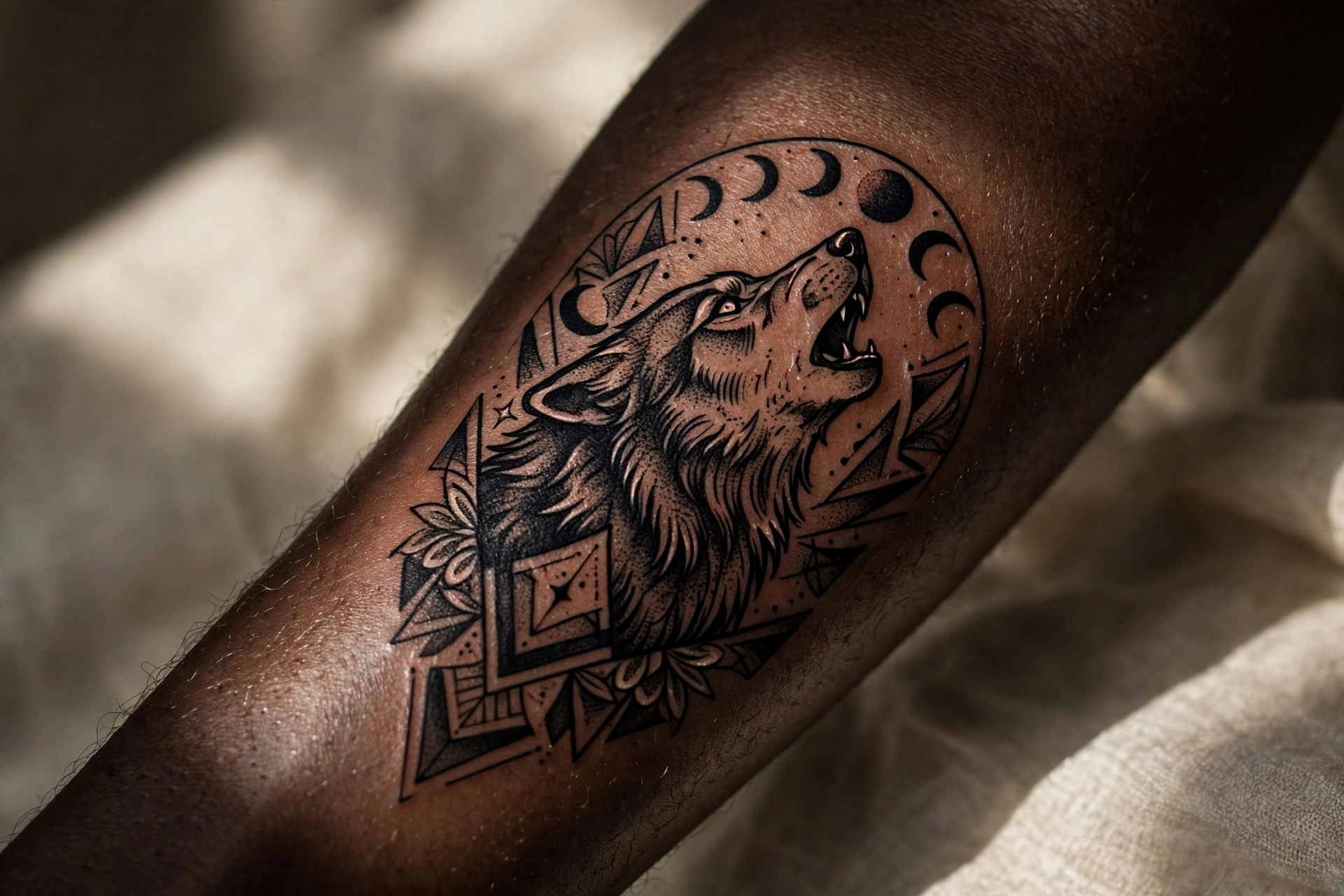 Wolf howling at the sky tattoo on a man's shoulder