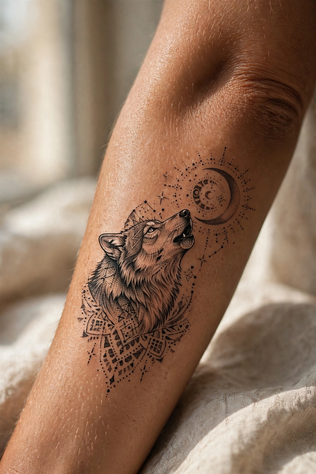Wolf silhouetted before a full moon tattoo on a man's calf