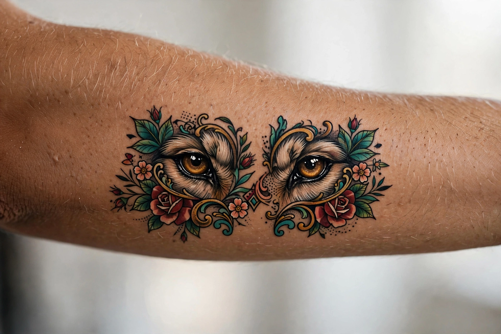 Hyper-realistic wolf eyes close-up tattoo on a man's inner forearm
