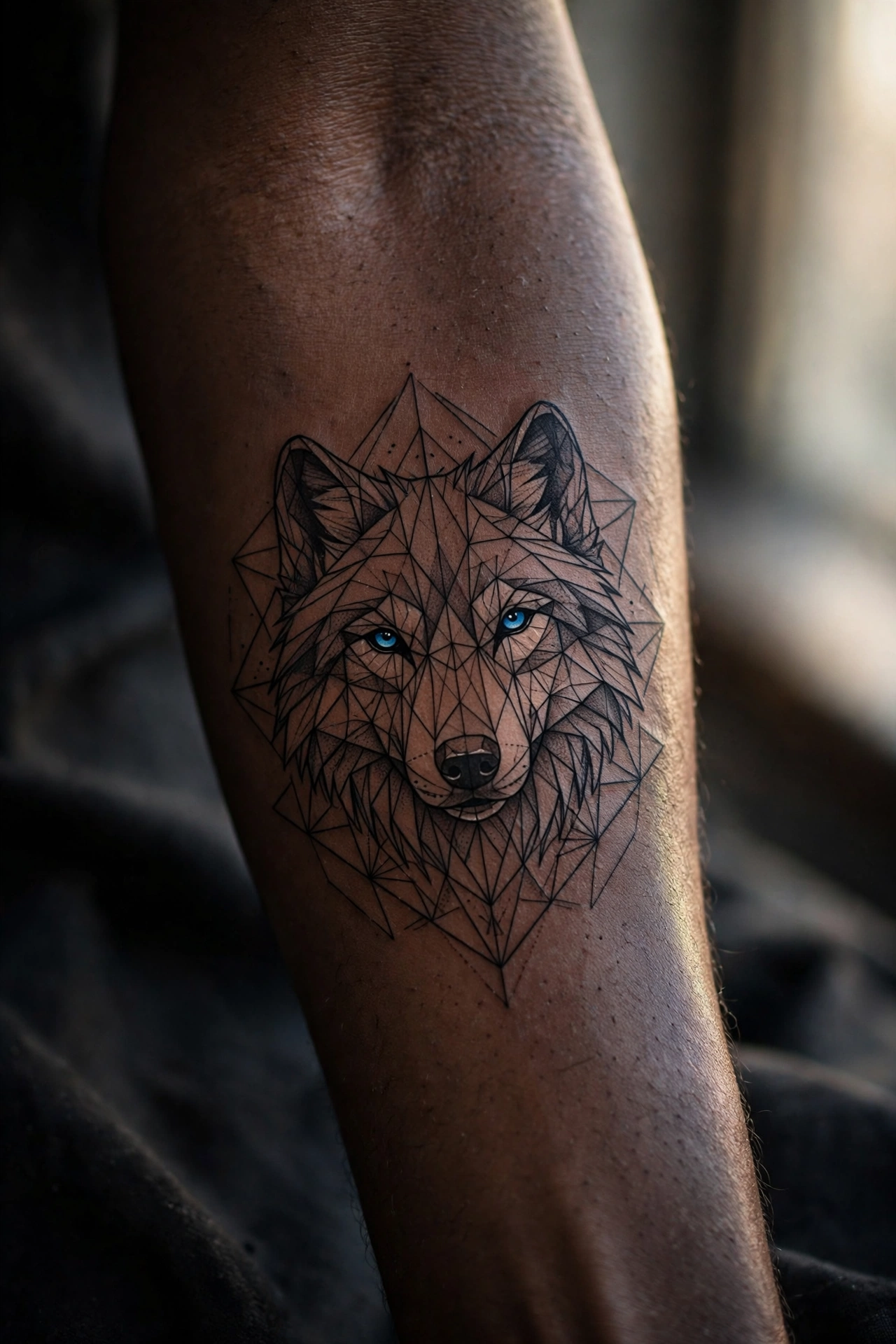 Black and gray wolf with striking blue eyes tattoo on a man's chest