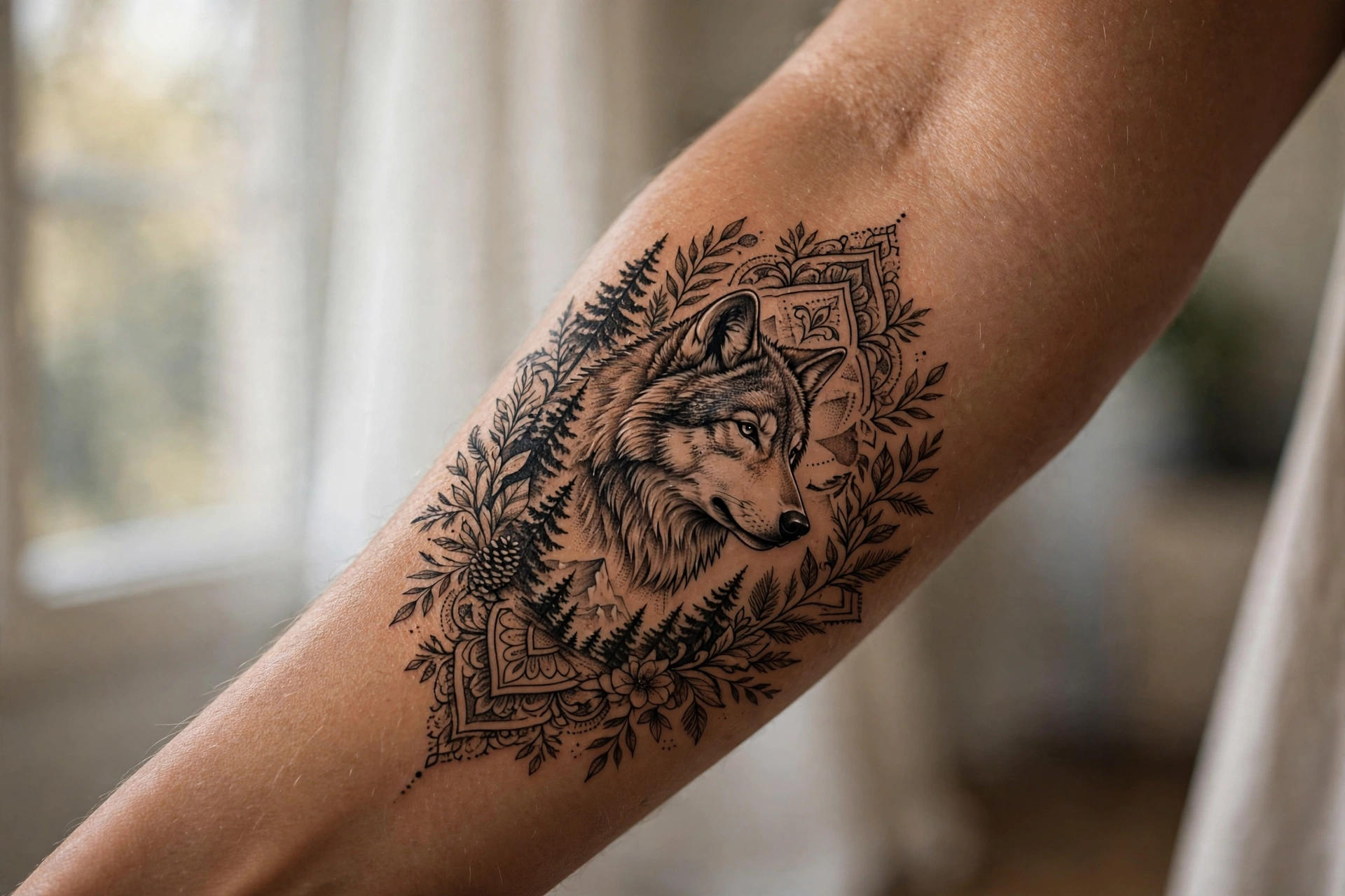 Wolf emerging from a pine forest tattoo on a man's half sleeve