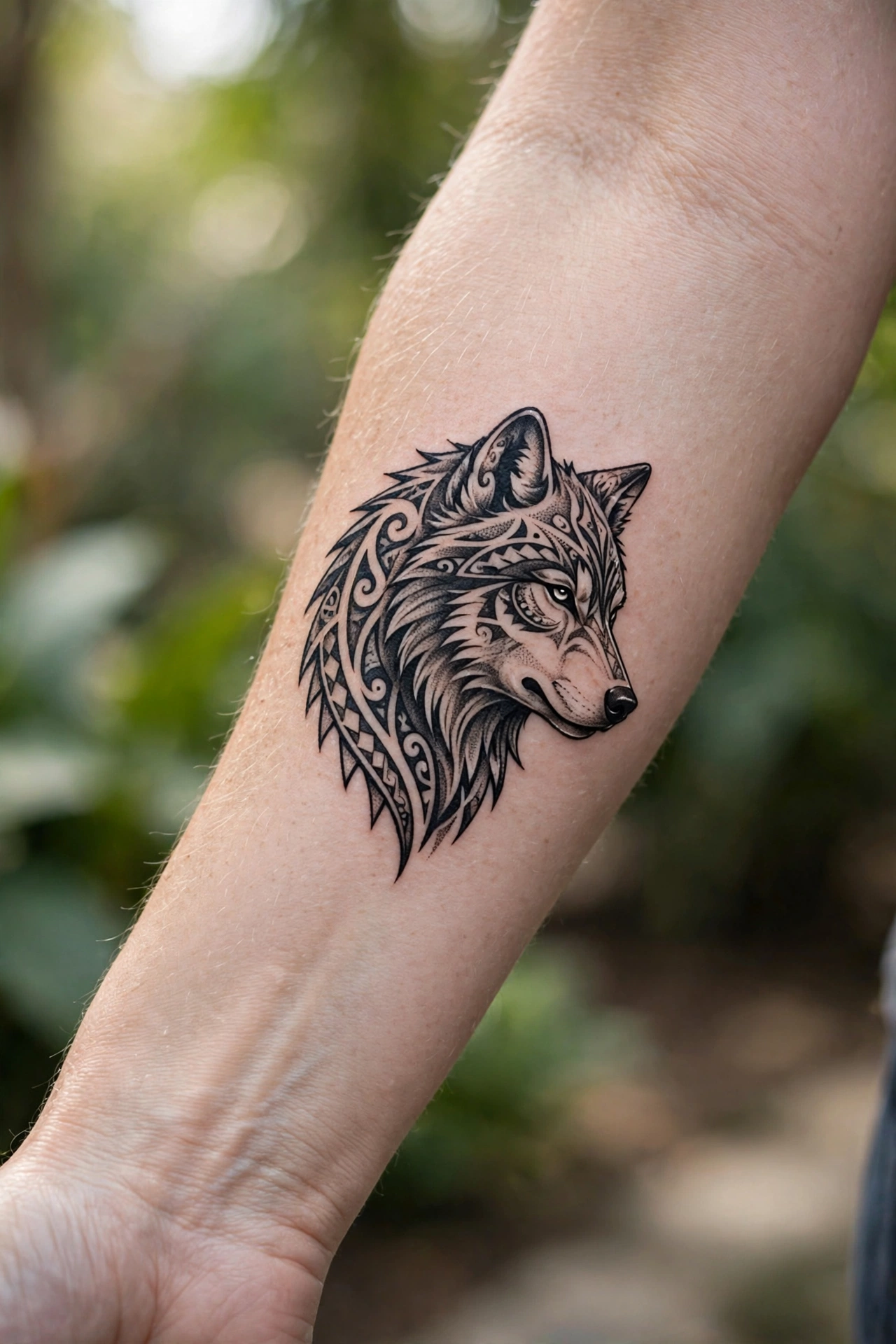 Bold tribal wolf tattoo with sweeping black lines on a man's shoulder