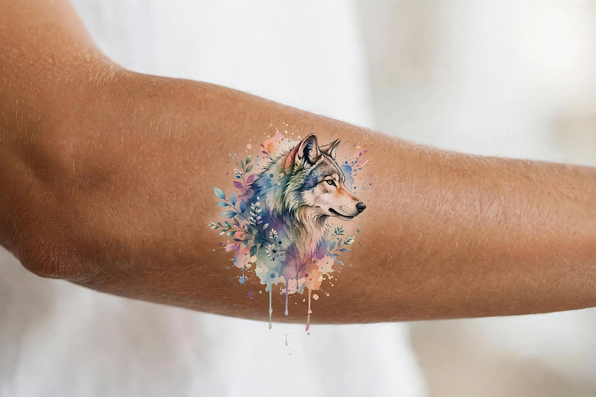 Watercolor wolf tattoo with colorful paint splashes on a man's bicep