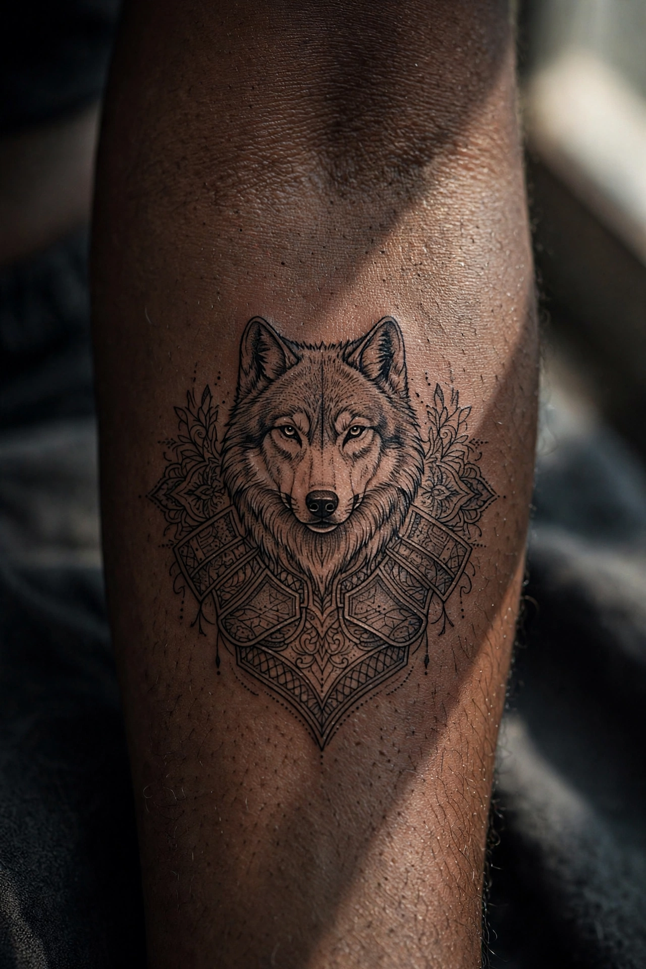 Large wolf chest piece tattoo spread across a man's chest