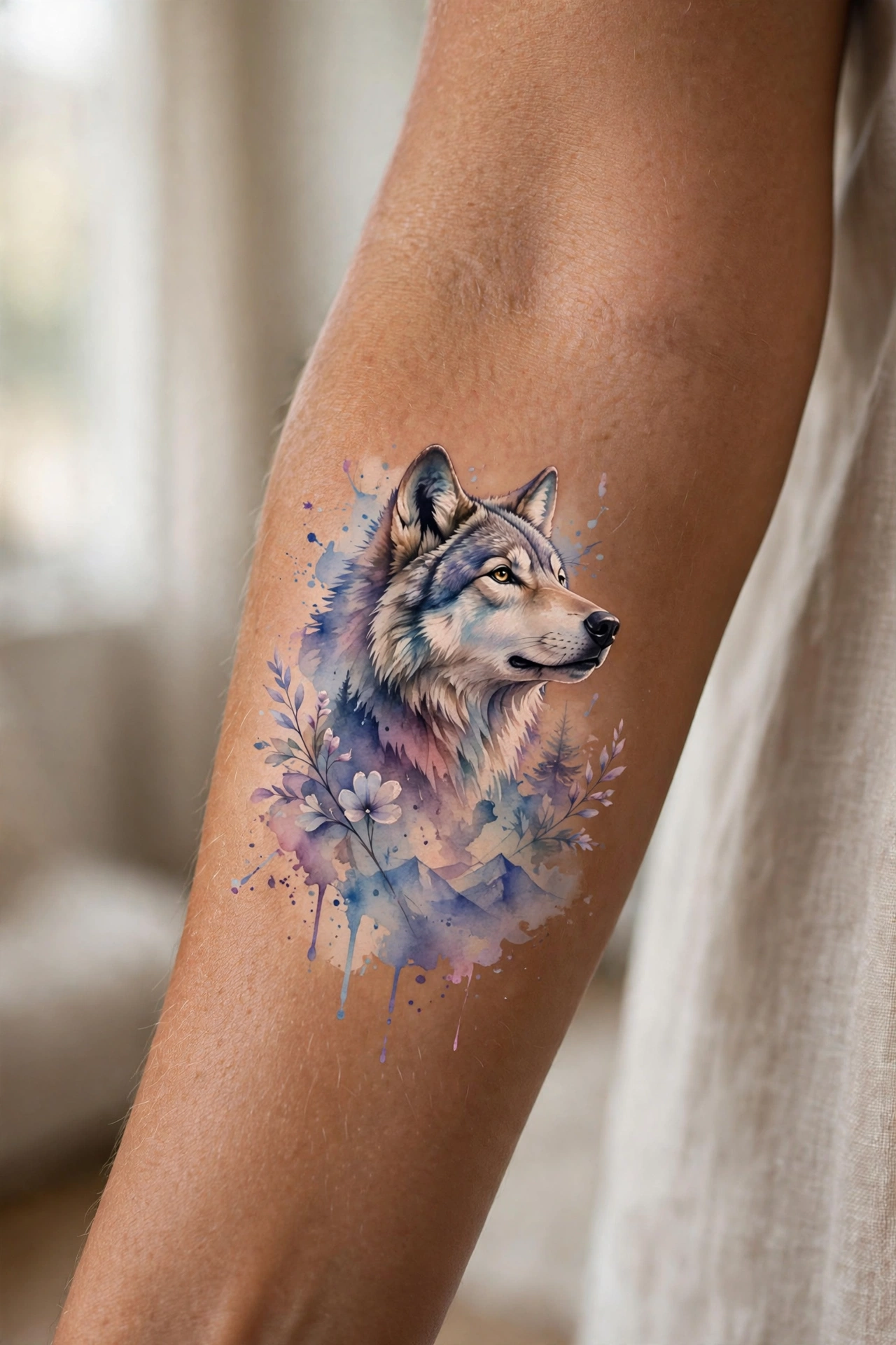 Full back wolf tattoo with mountain landscape on a man's back