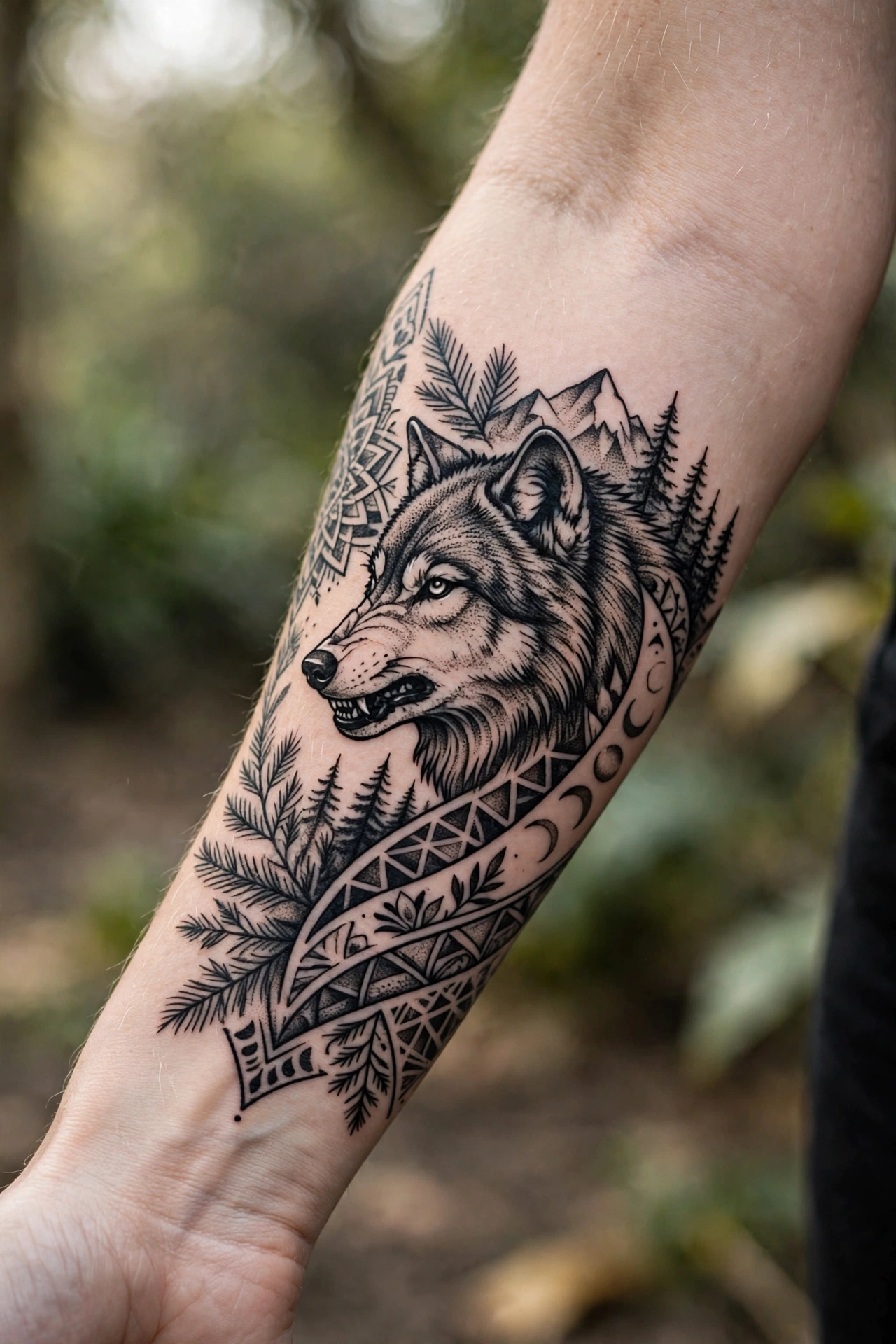 Wolf forearm sleeve tattoo wrapping a man's arm