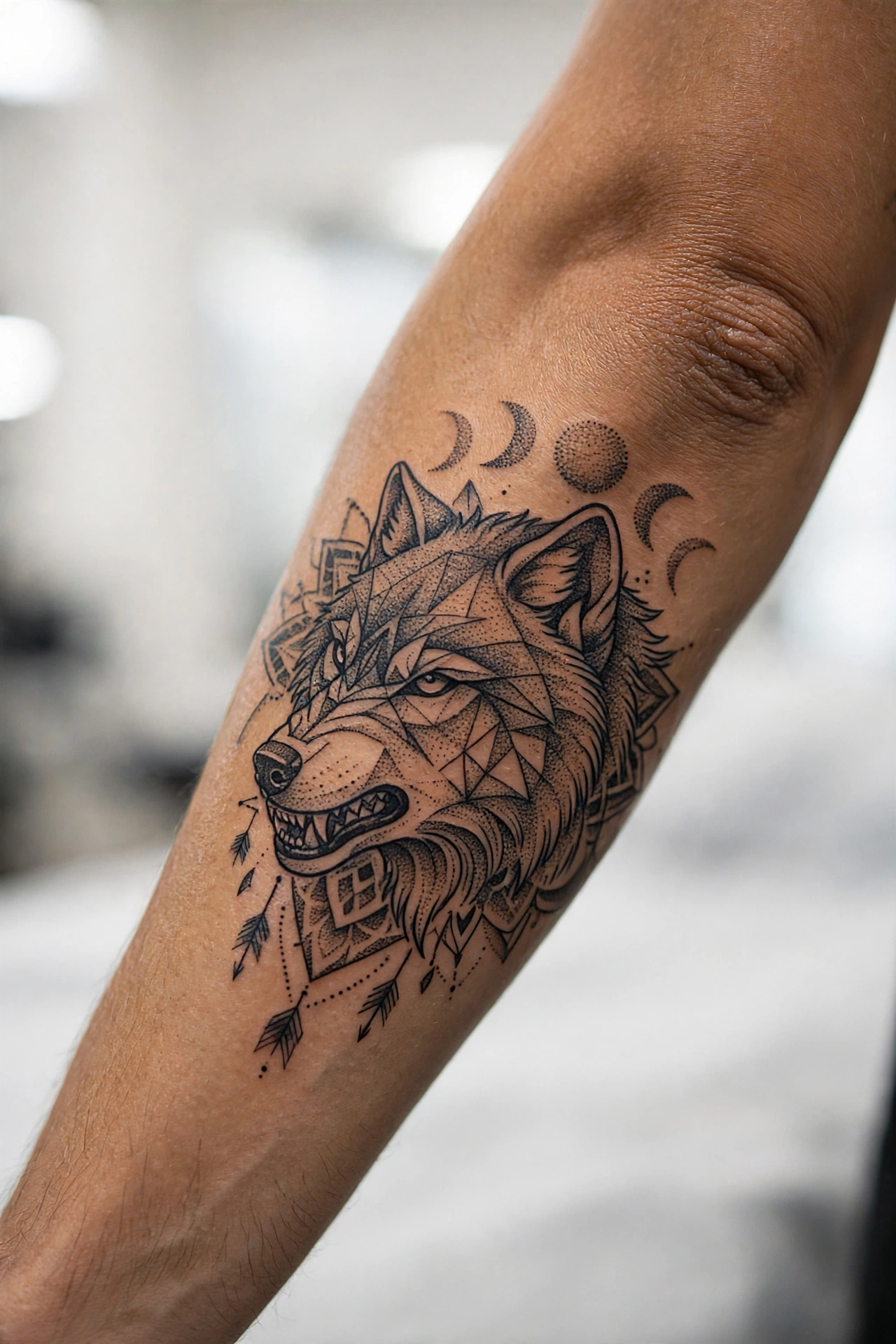 Wolf head shoulder tattoo on a man's deltoid