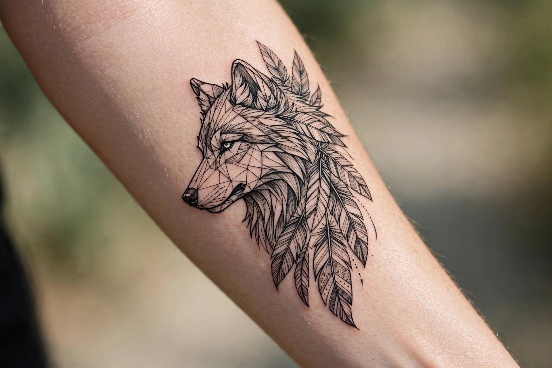 Wolf adorned with feathers tattoo on a man's shoulder